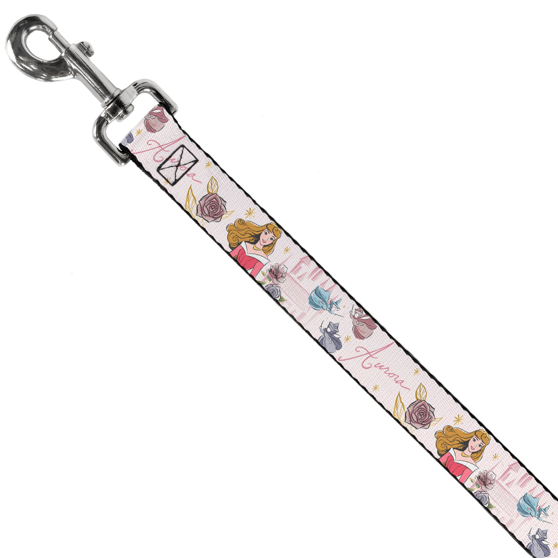 Dog Leash - Sleeping Beauty Aurora Castle and Fairy Godmothers Pose with Script and Flowers White/Pinks Dog Leashes Disney