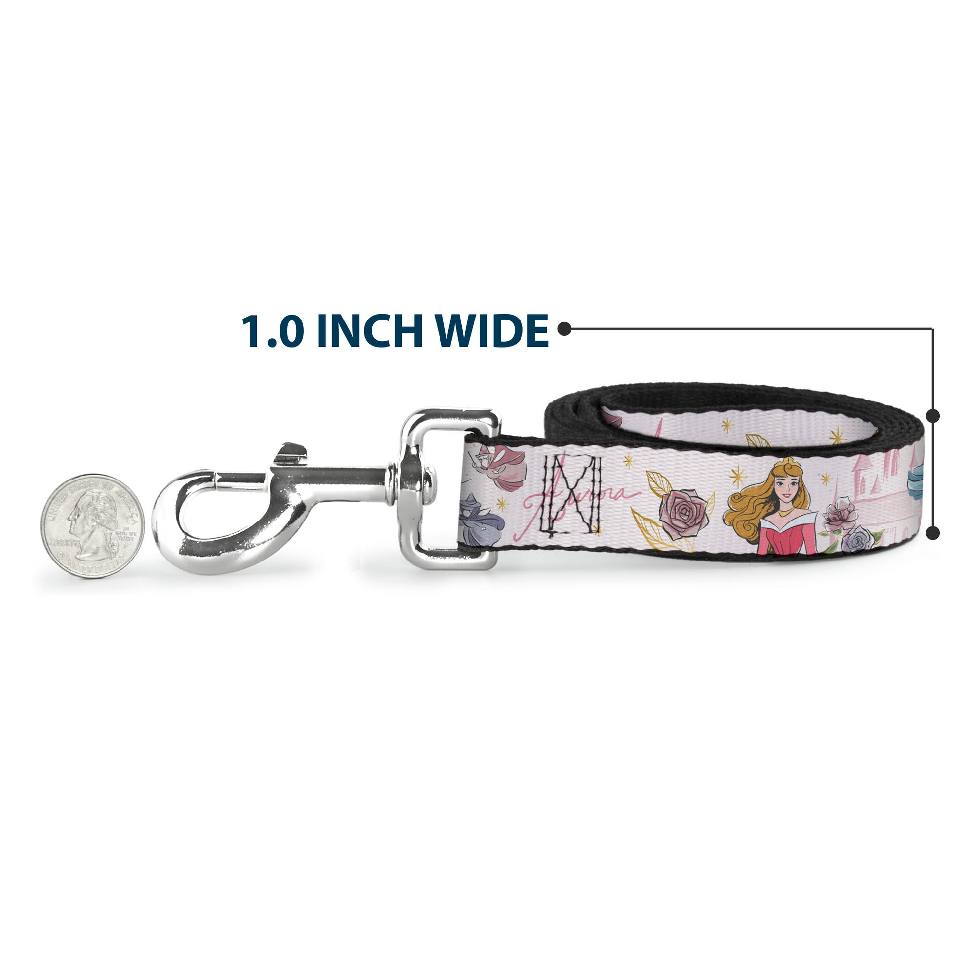 Dog Leash - Sleeping Beauty Aurora Castle and Fairy Godmothers Pose with Script and Flowers White/Pinks Dog Leashes Disney