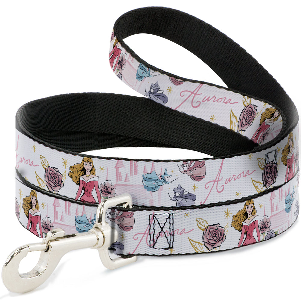 Dog Leash - Sleeping Beauty Aurora Castle and Fairy Godmothers Pose with Script and Flowers White/Pinks Dog Leashes Disney