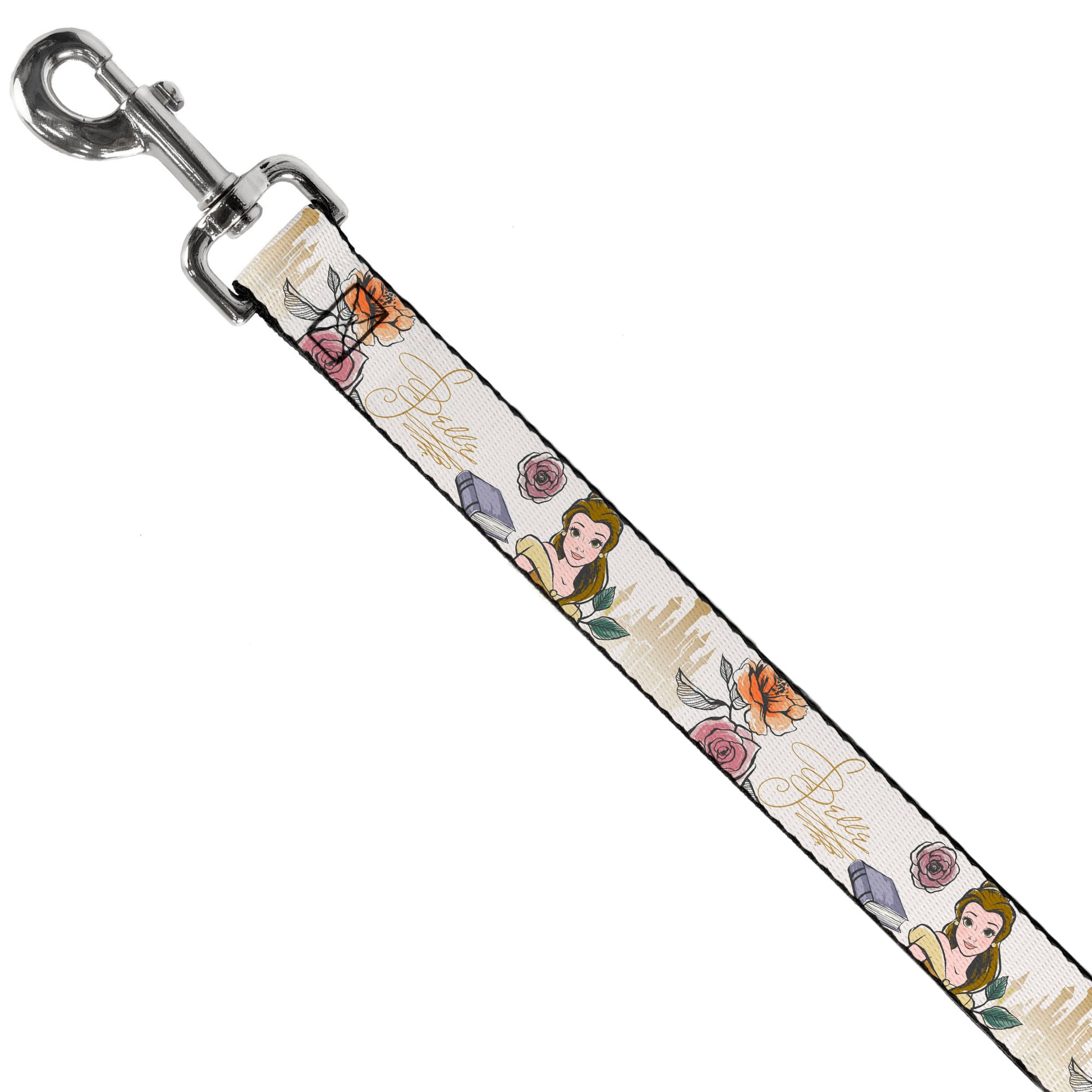 Dog Leash - Beauty and the Beast Belle Castle Pose with Script and Flowers White/Yellows Dog Leashes Disney