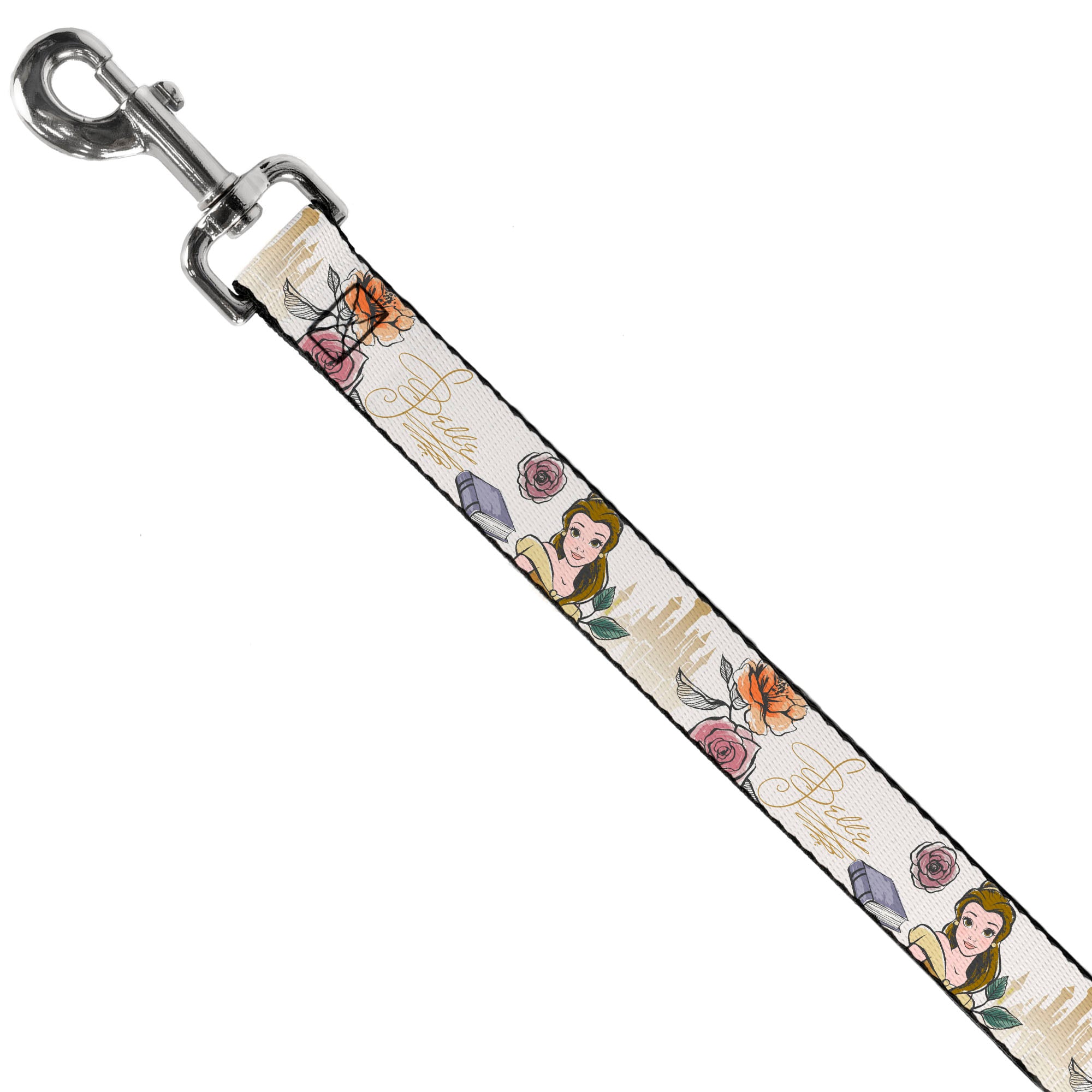 Dog Leash - Beauty and the Beast Belle Castle Pose with Script and Flowers White/Yellows Dog Leashes Disney