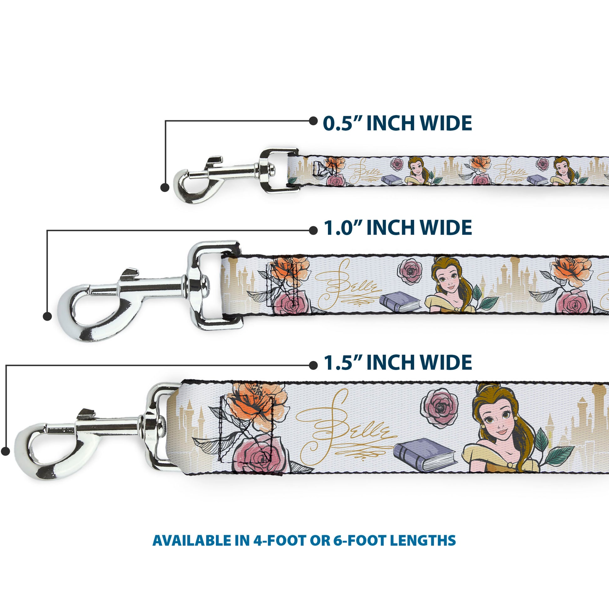 Dog Leash - Beauty and the Beast Belle Castle Pose with Script and Flowers White/Yellows Dog Leashes Disney