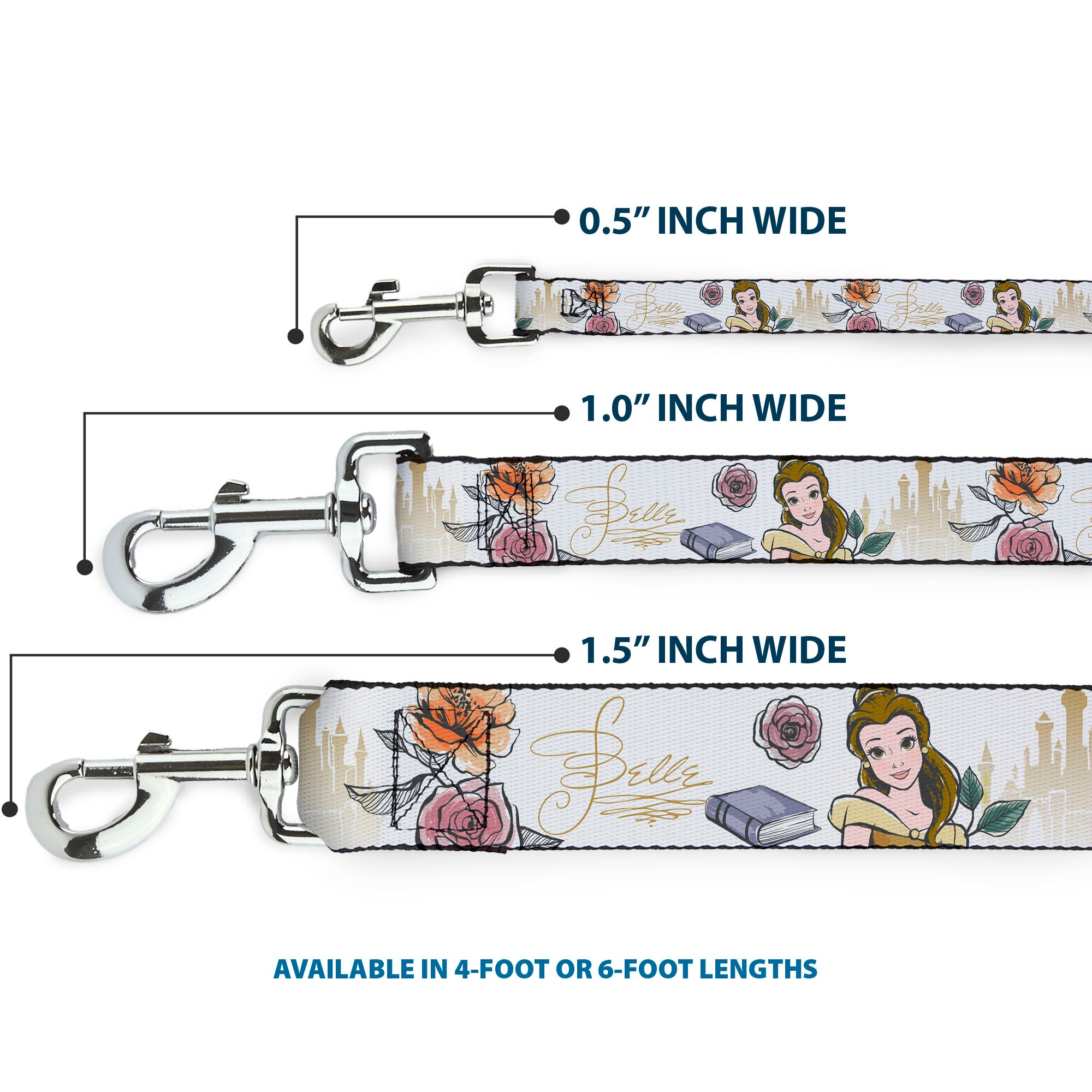 Dog Leash - Beauty and the Beast Belle Castle Pose with Script and Flowers White/Yellows Dog Leashes Disney