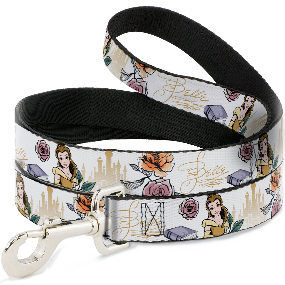 Dog Leash - Beauty and the Beast Belle Castle Pose with Script and Flowers White/Yellows Dog Leashes Disney