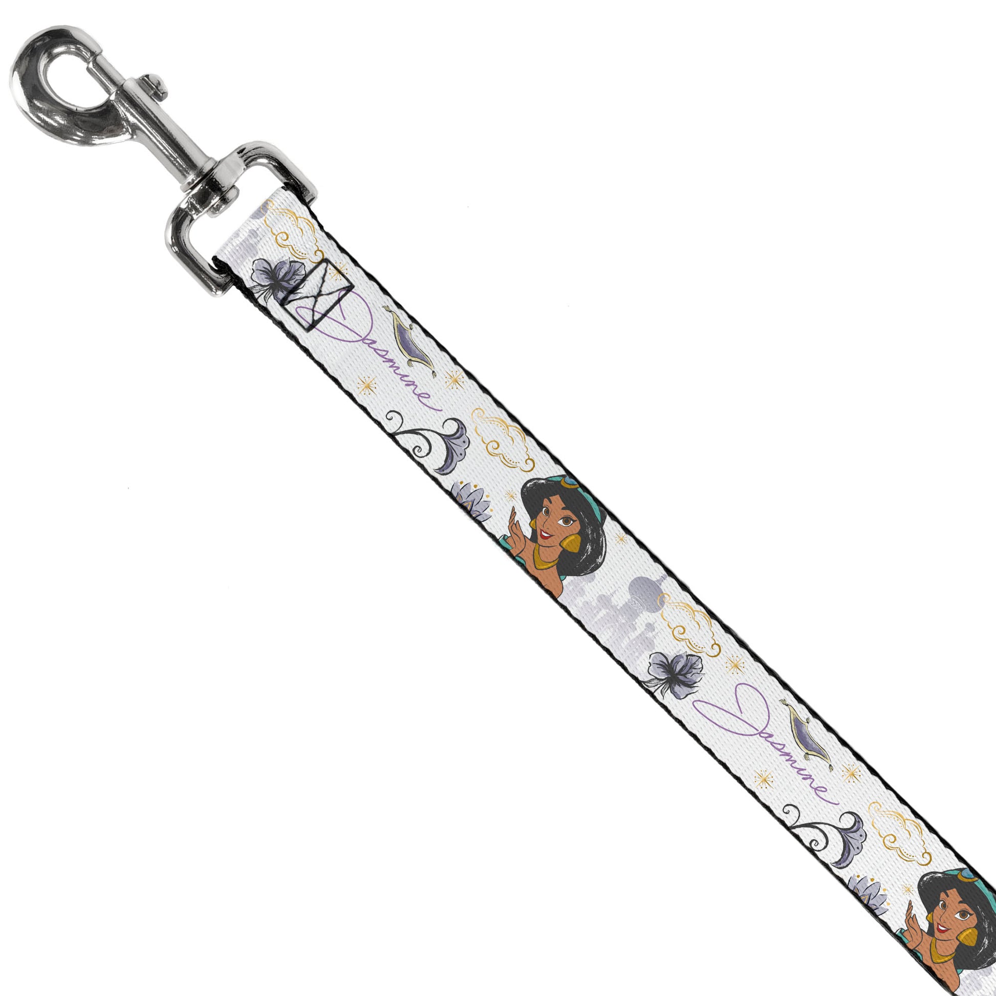 Dog Leash - Aladdin Jasmine Palace Pose with Script and Flowers White/Purples Dog Leashes Disney