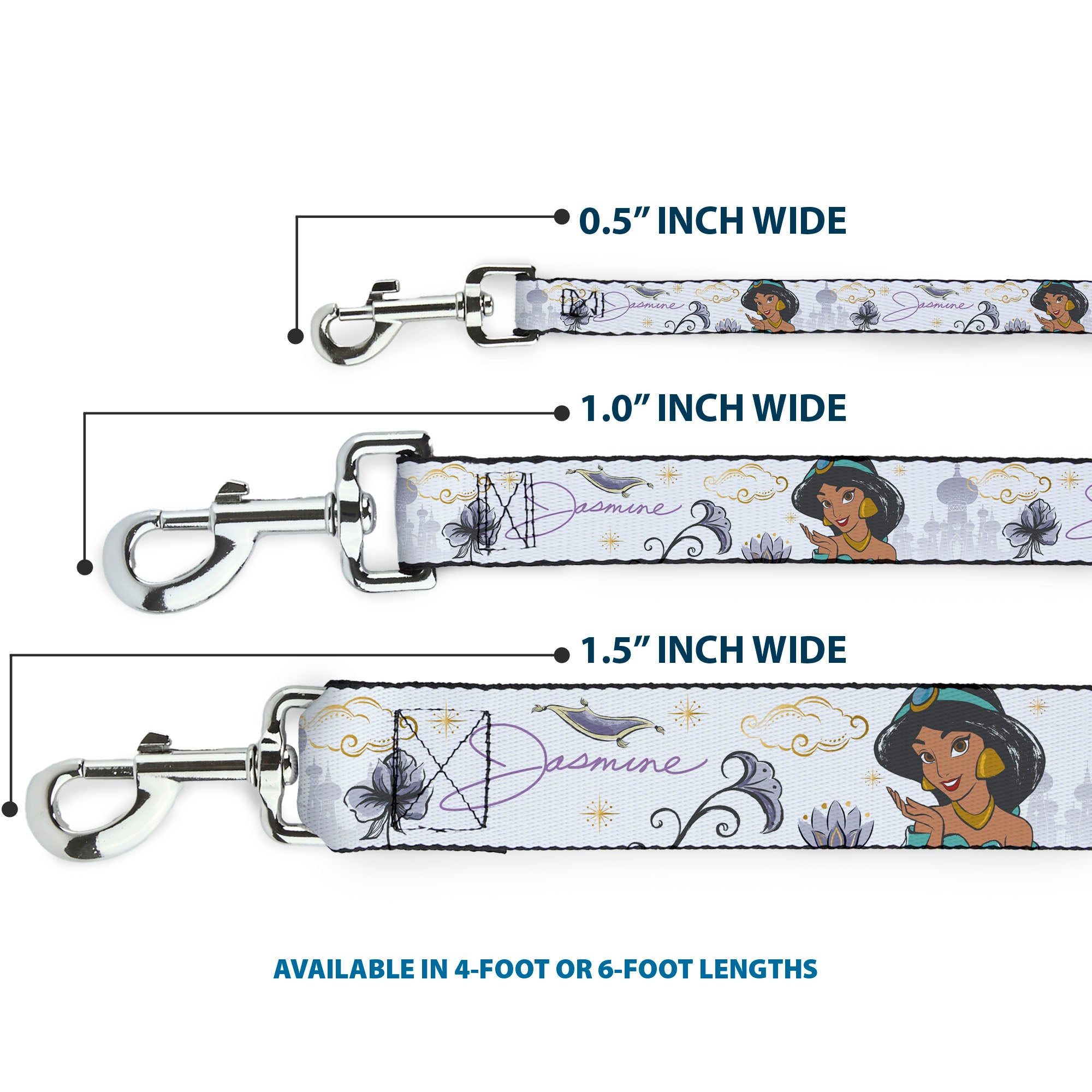 Dog Leash - Aladdin Jasmine Palace Pose with Script and Flowers White/Purples Dog Leashes Disney