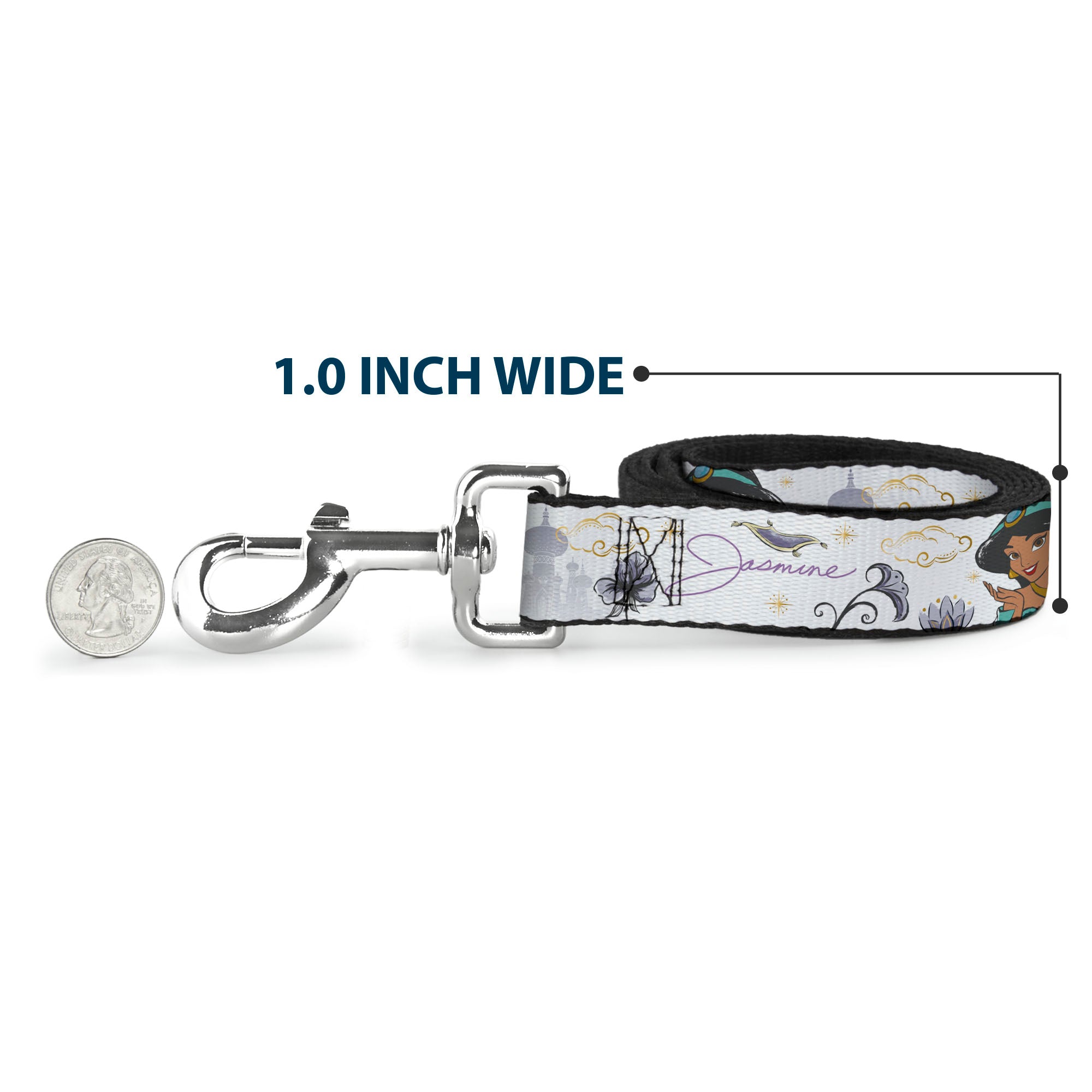 Dog Leash - Aladdin Jasmine Palace Pose with Script and Flowers White/Purples Dog Leashes Disney
