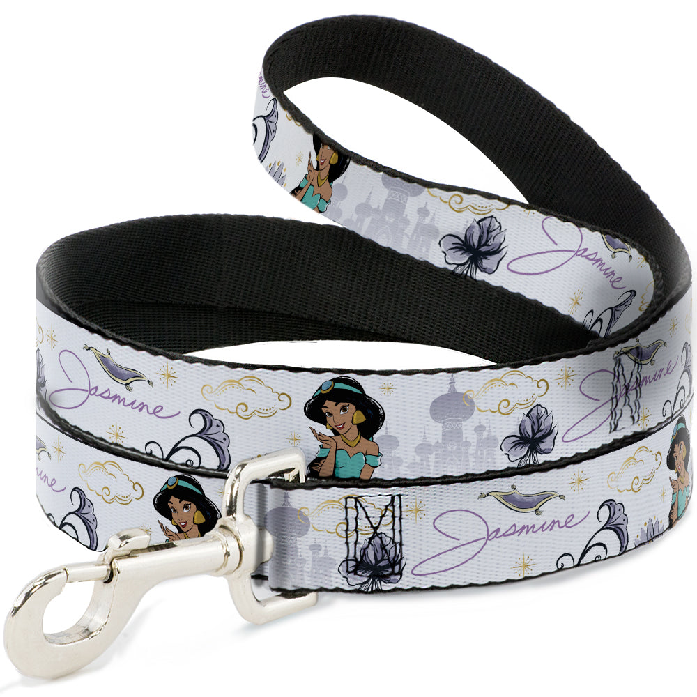Dog Leash - Aladdin Jasmine Palace Pose with Script and Flowers White/Purples Dog Leashes Disney