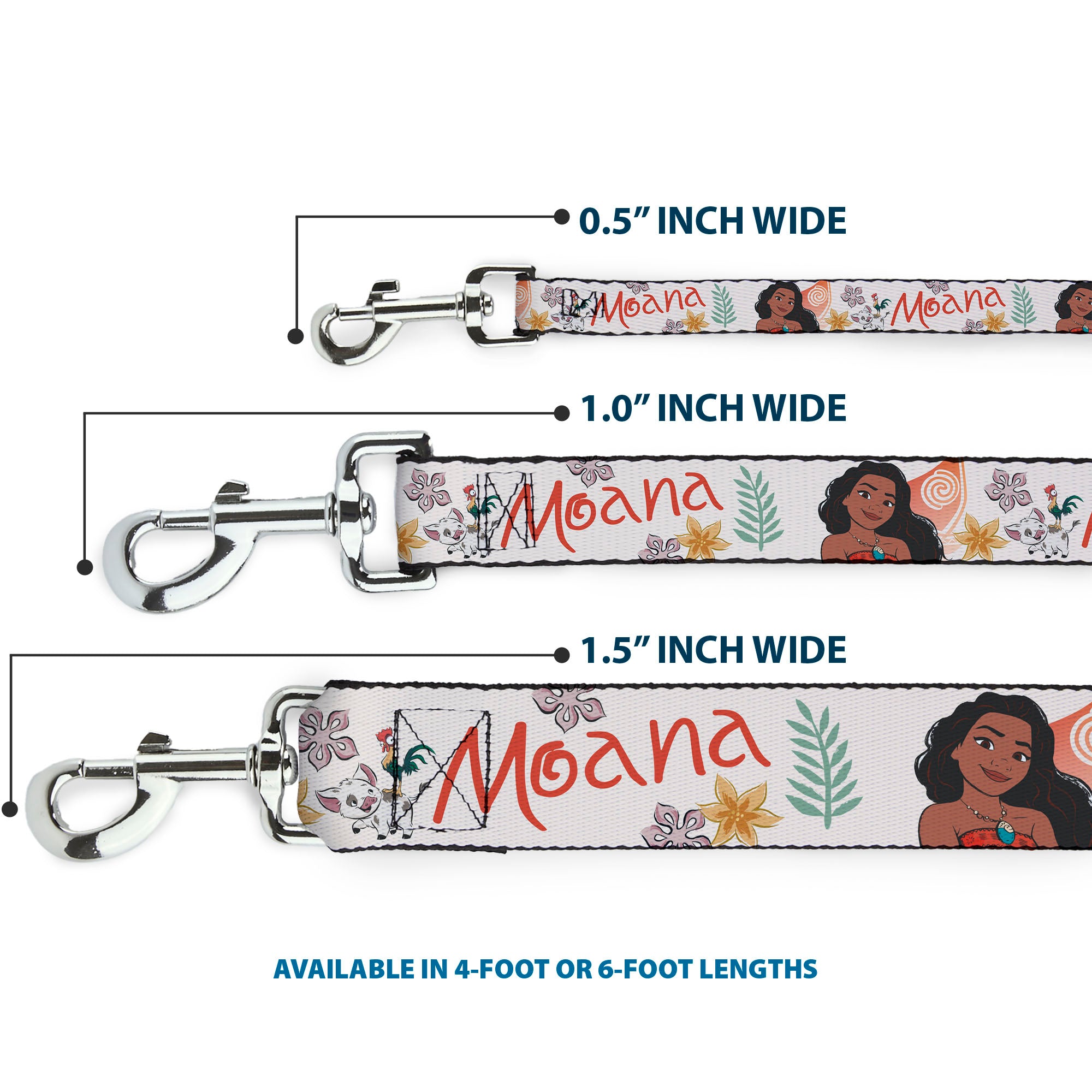 Dog Leash - Moana with Pua and Hei Hei Sail Pose with Script and Flowers Beige/Orange Dog Leashes Disney
