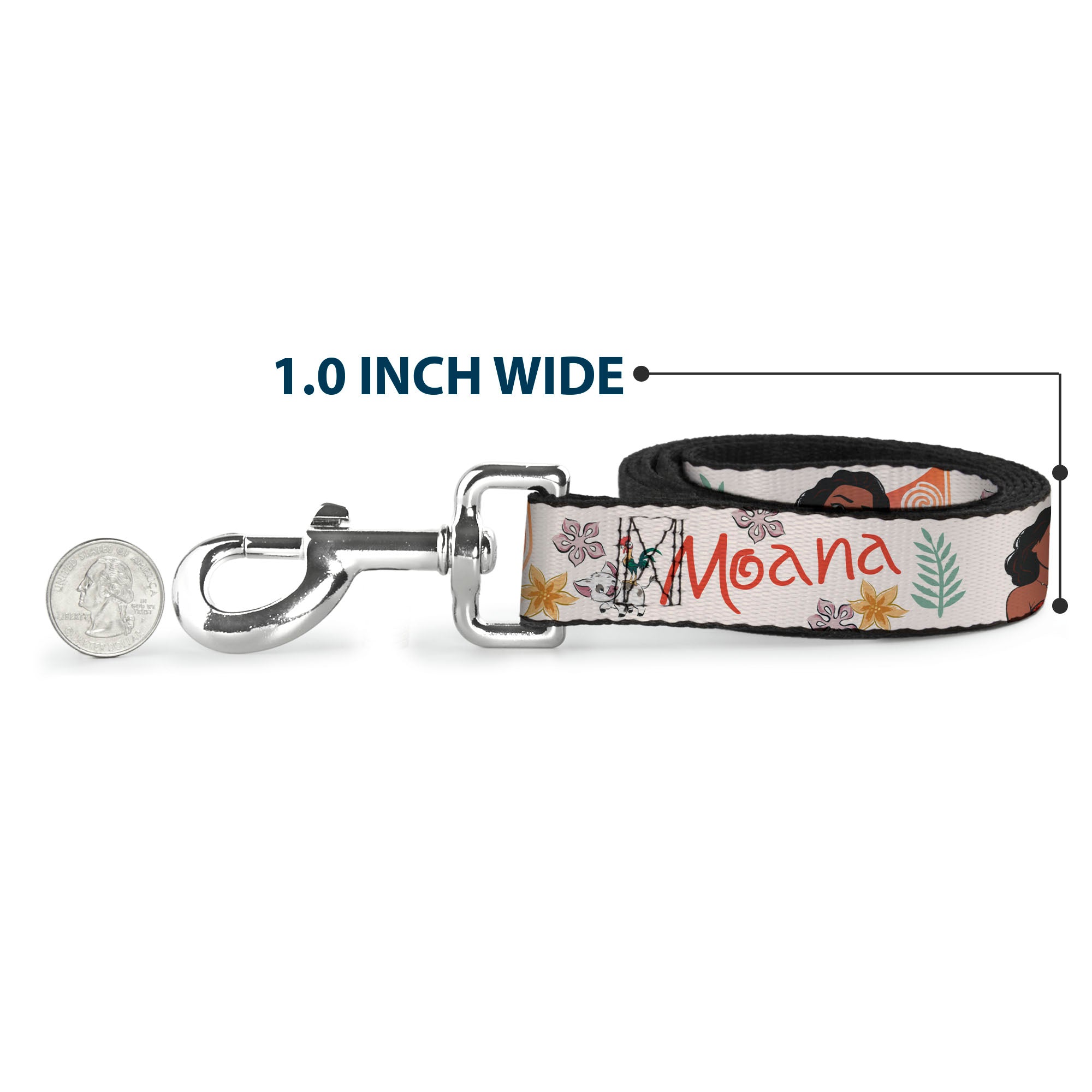 Dog Leash - Moana with Pua and Hei Hei Sail Pose with Script and Flowers Beige/Orange Dog Leashes Disney