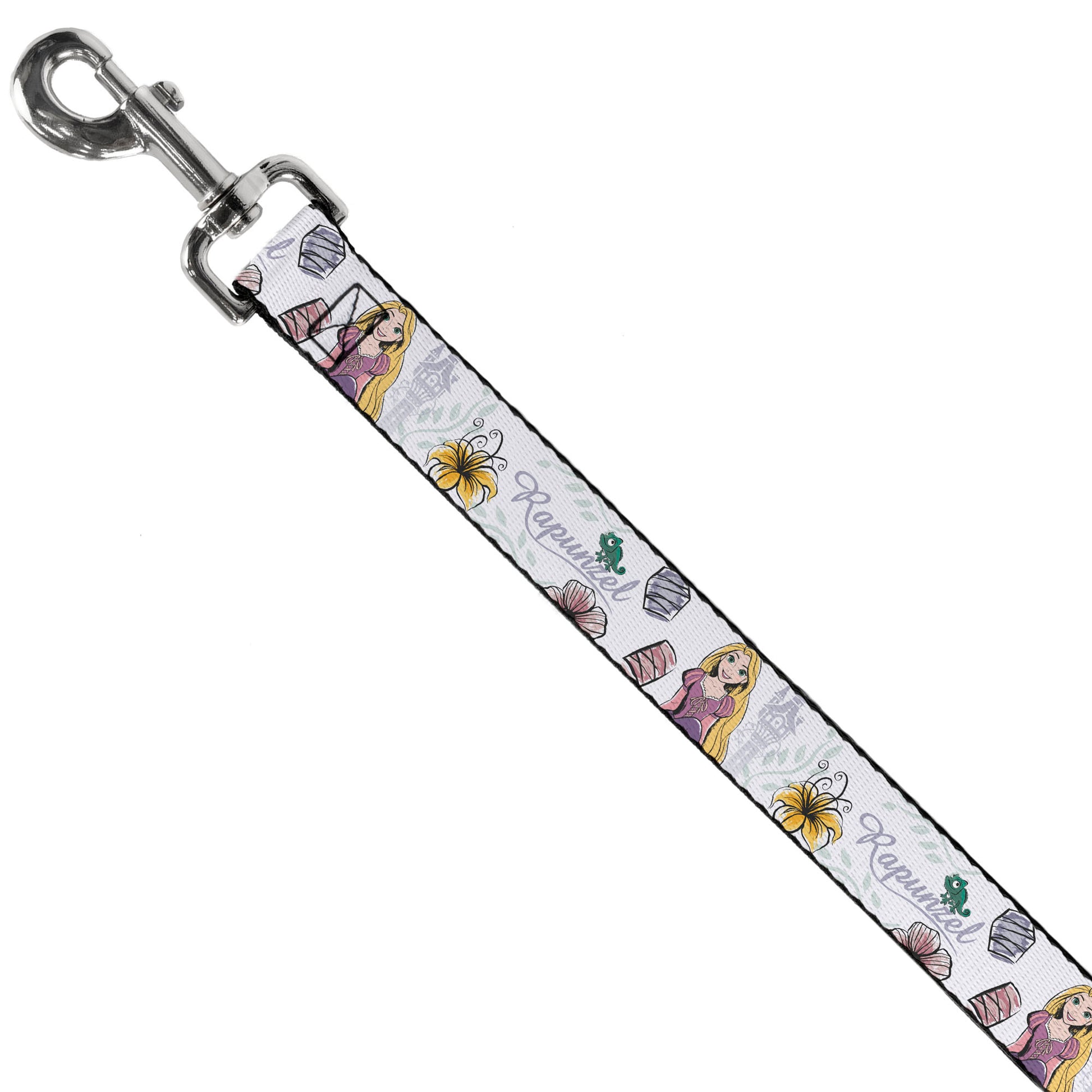 Dog Leash - Rapunzel Castle and Pascual Pose with Script and Flowers White/Purples Dog Leashes Disney
