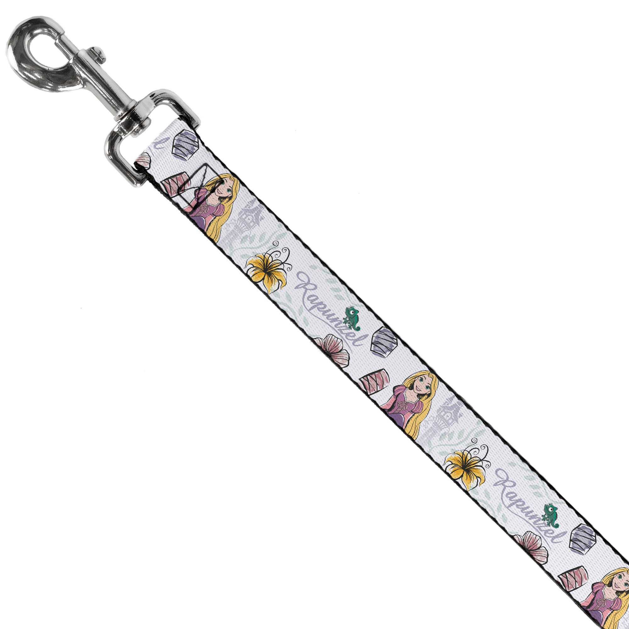 Dog Leash - Rapunzel Castle and Pascual Pose with Script and Flowers White/Purples Dog Leashes Disney