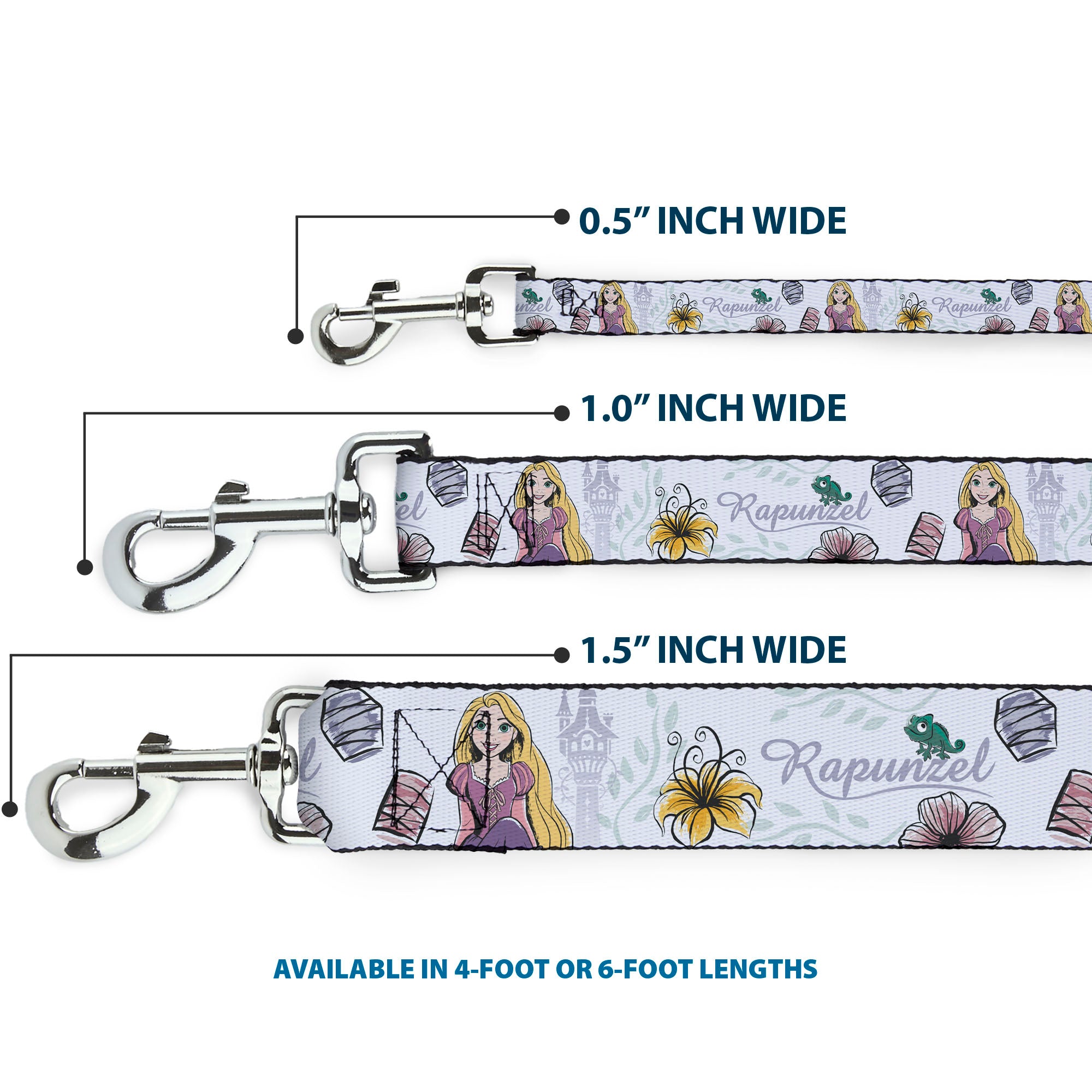 Dog Leash - Rapunzel Castle and Pascual Pose with Script and Flowers White/Purples Dog Leashes Disney