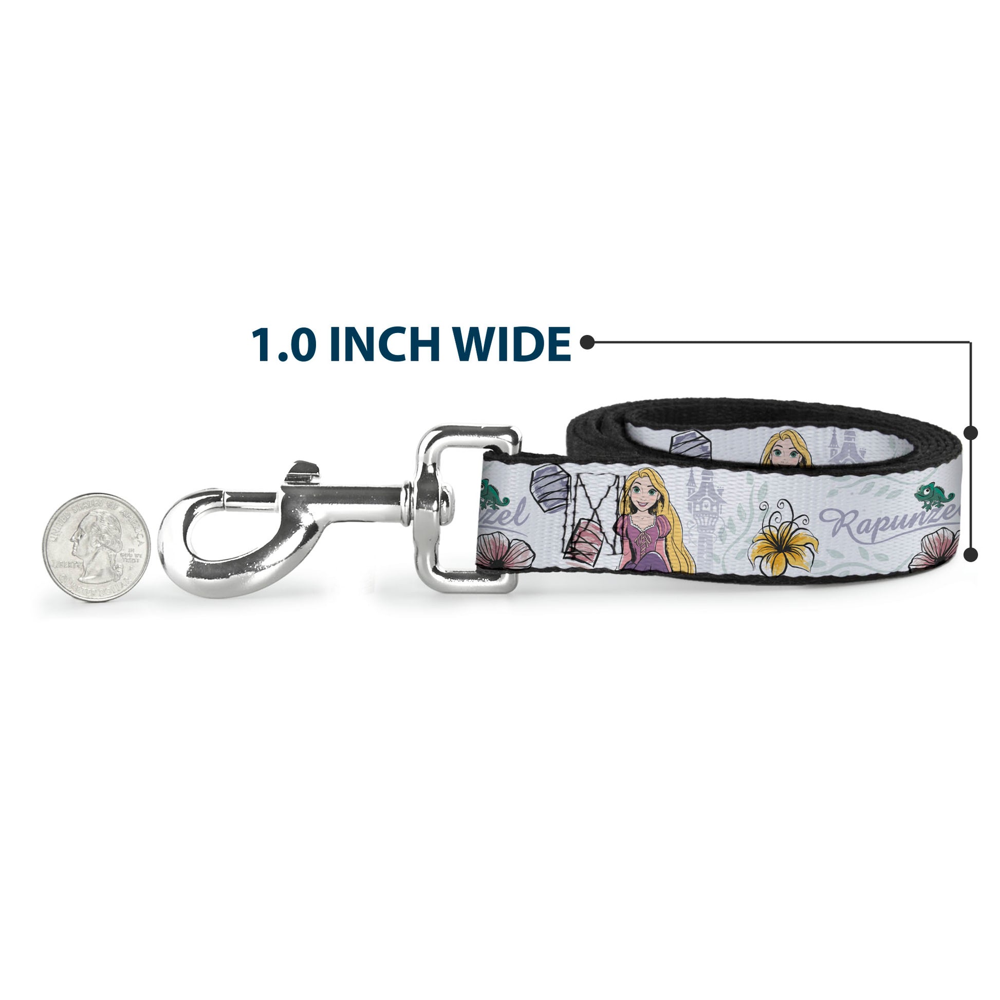 Dog Leash - Rapunzel Castle and Pascual Pose with Script and Flowers White/Purples Dog Leashes Disney
