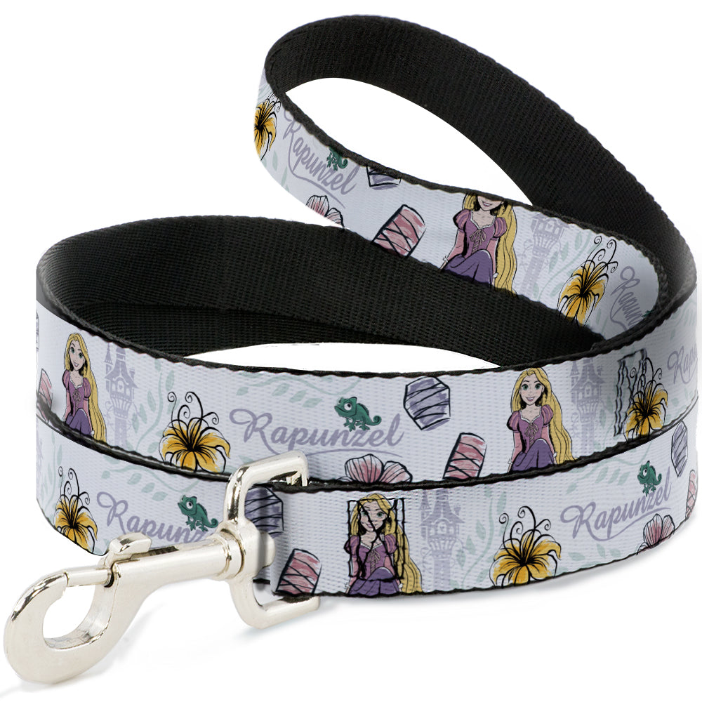 Dog Leash - Rapunzel Castle and Pascual Pose with Script and Flowers White/Purples Dog Leashes Disney