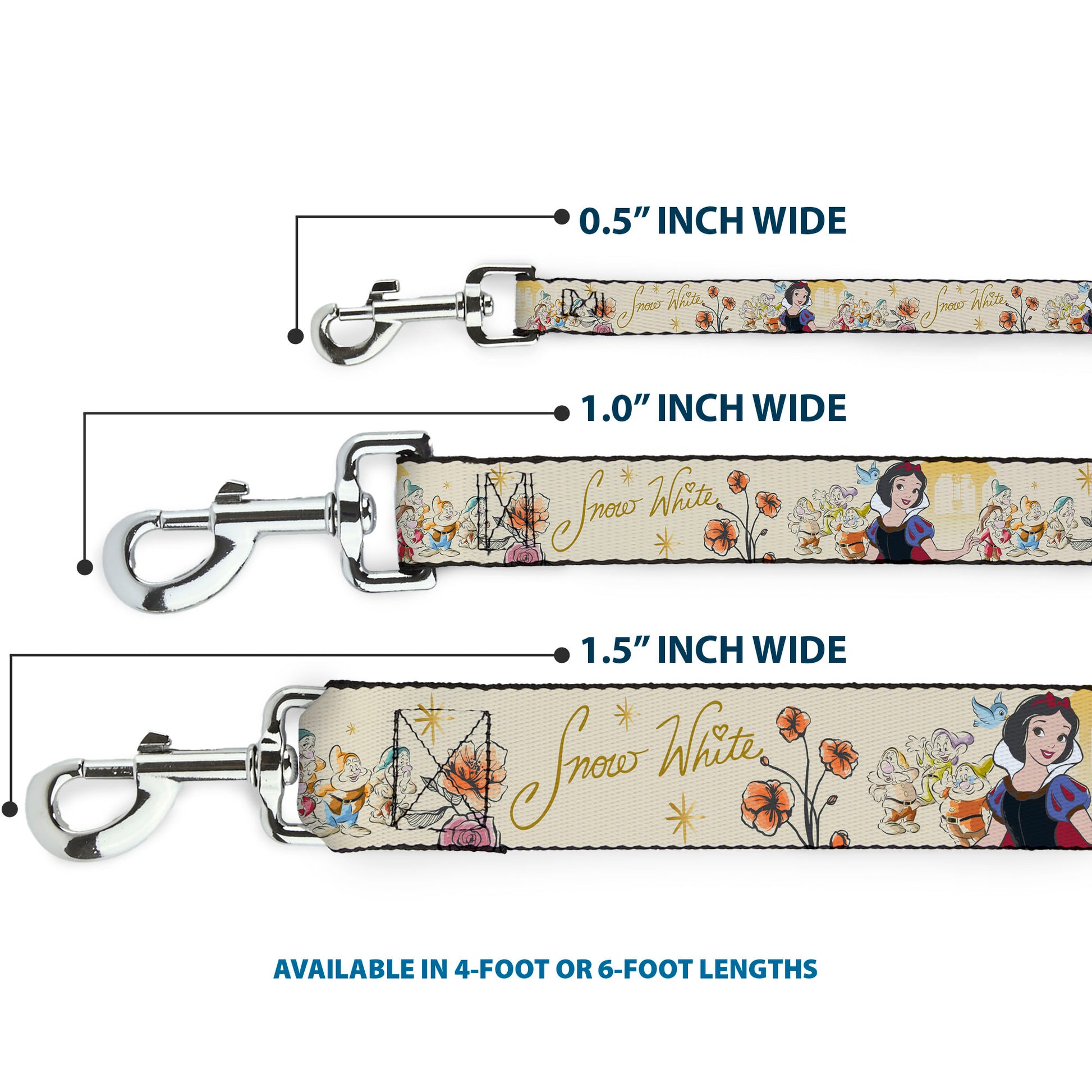 Dog Leash - Snow White and the Seven Dwarfs with Script and Flowers Yellows Dog Leashes Disney
