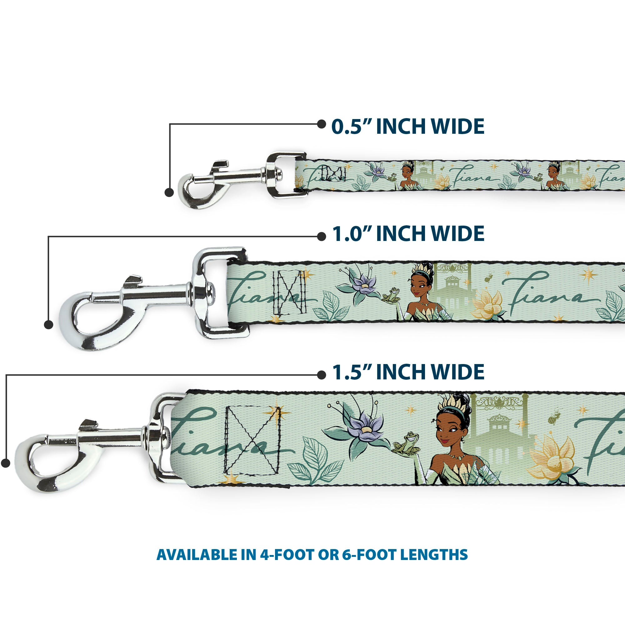 Dog Leash - The Princess and the Frog Tiana Palace Pose with Script and Flowers Greens Dog Leashes Disney