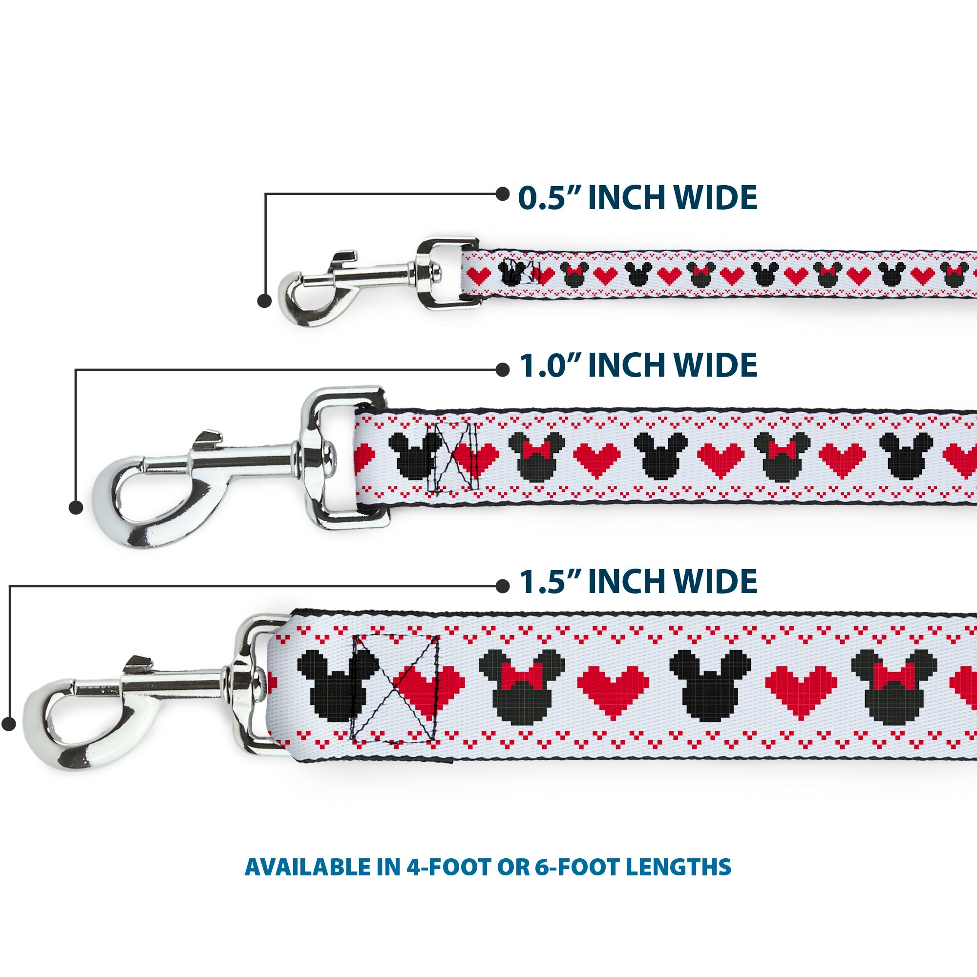 Dog Leash - Disney Holiday Mickey and Minnie Mouse Heart Sweater Stitch White/Red/Black Dog Leashes Disney