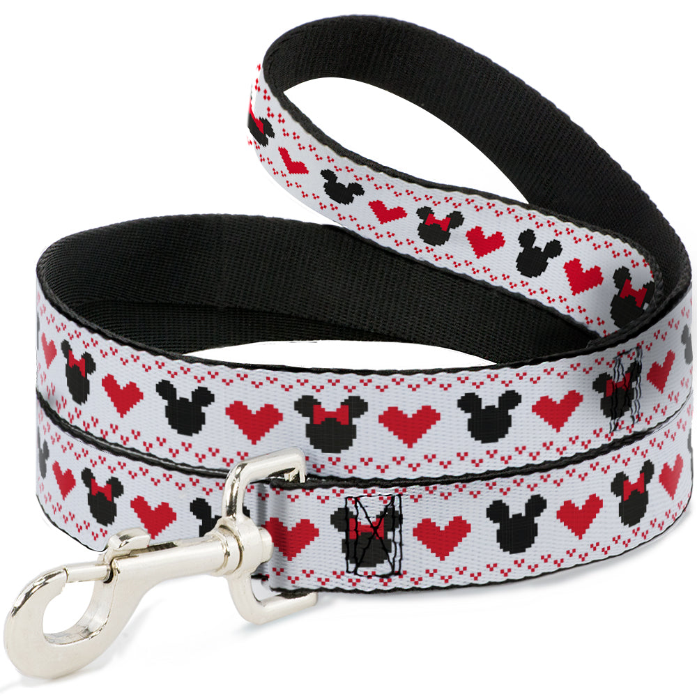 Dog Leash - Disney Holiday Mickey and Minnie Mouse Heart Sweater Stitch White/Red/Black Dog Leashes Disney