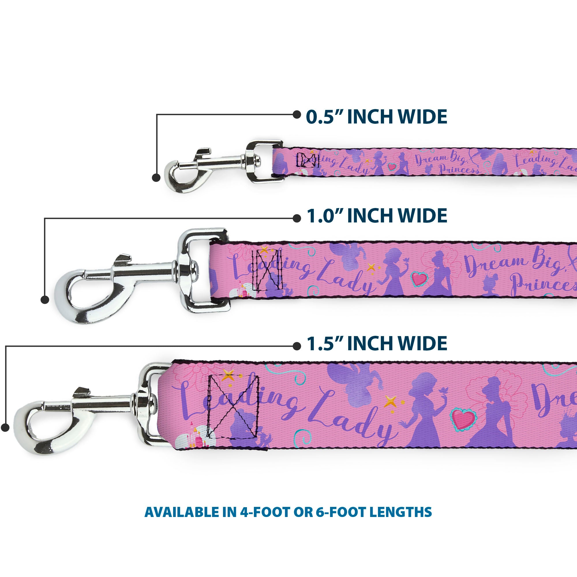Dog Leash - Disney LEADING LADY DREAM BIG PRINCESS Silhouette Poses Pinks/Blues Dog Leashes Disney