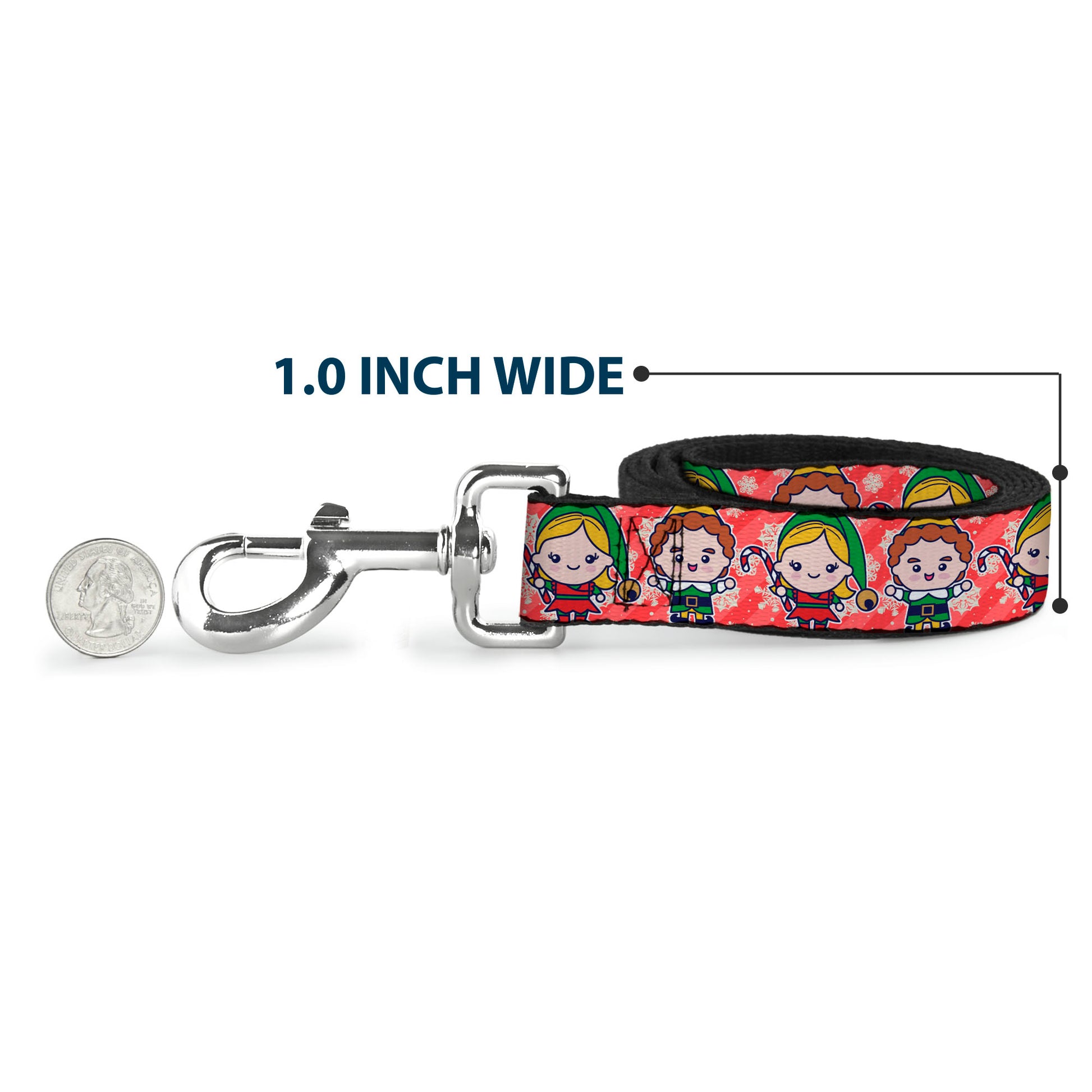 Dog Leash - Elf Chibi Buddy and Jovie Pose and Snowflakes Stripe Red/White Dog Leashes Elf