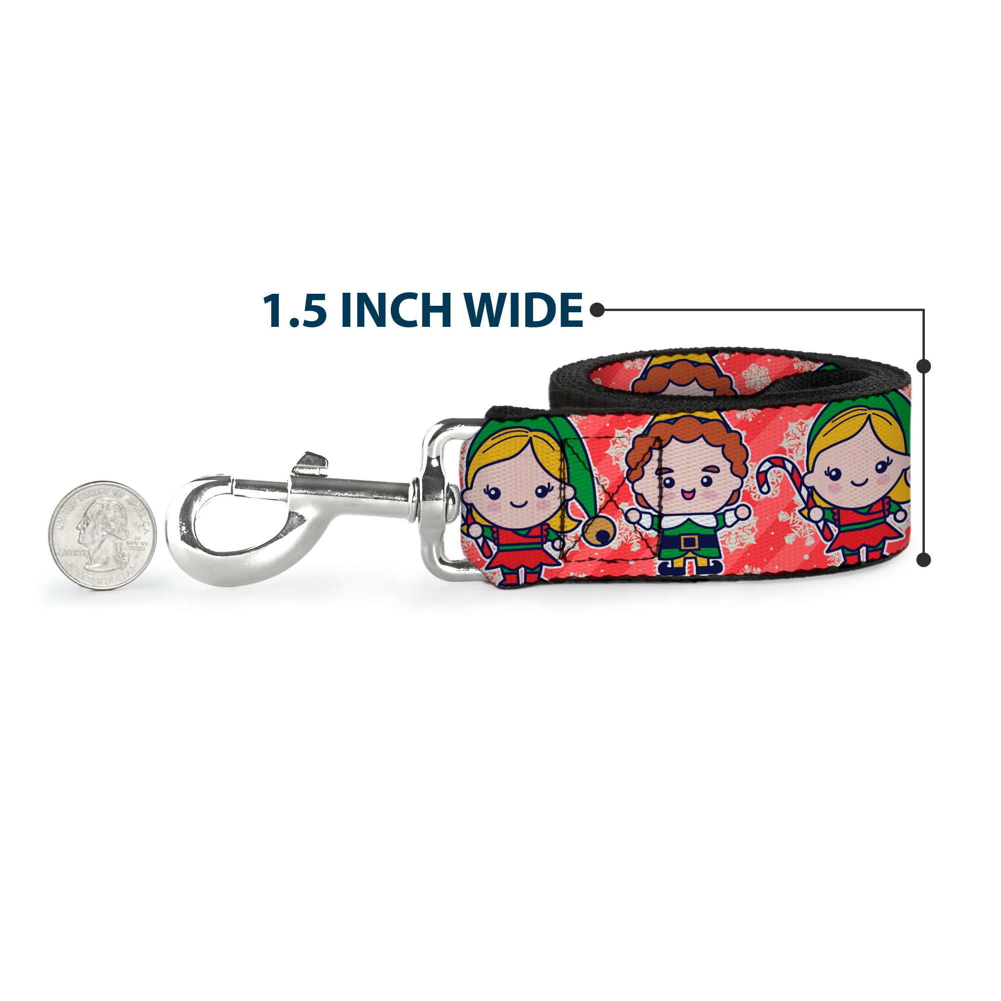 Dog Leash - Elf Chibi Buddy and Jovie Pose and Snowflakes Stripe Red/White Dog Leashes Elf
