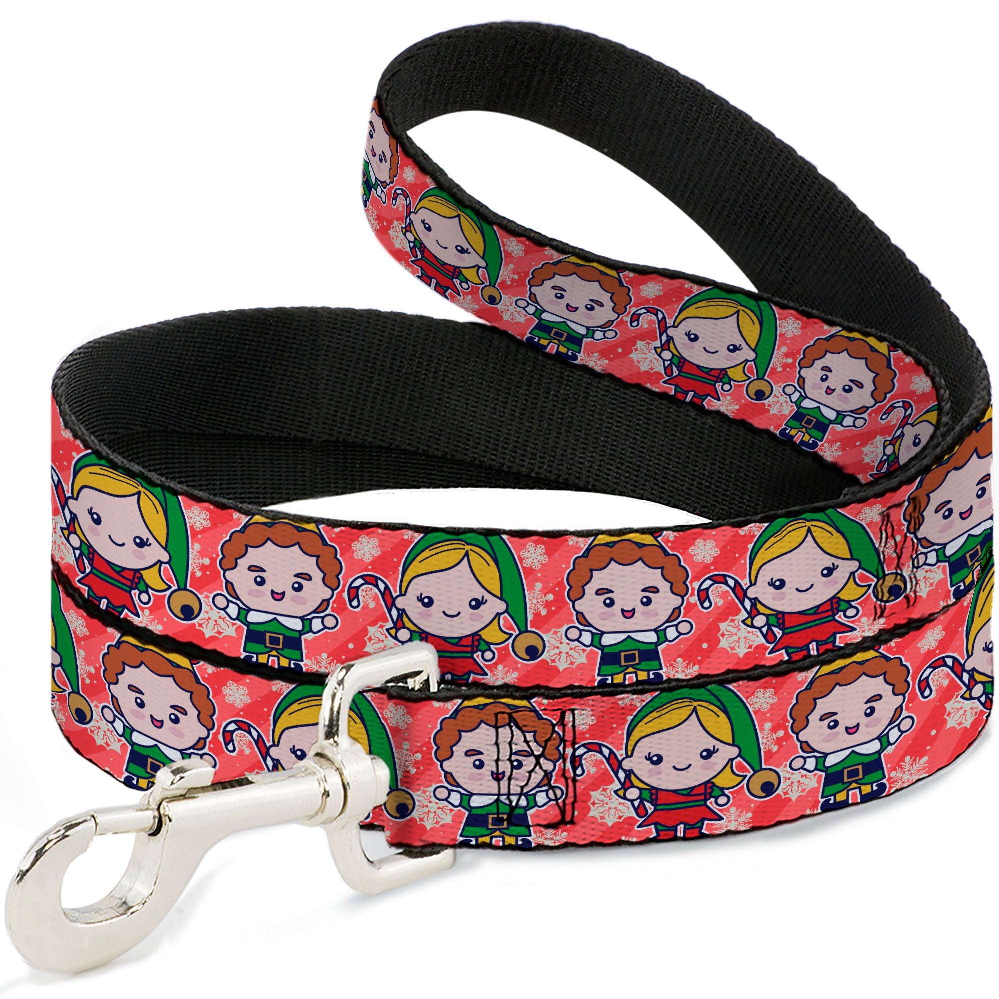 Dog Leash - Elf Chibi Buddy and Jovie Pose and Snowflakes Stripe Red/White Dog Leashes Elf