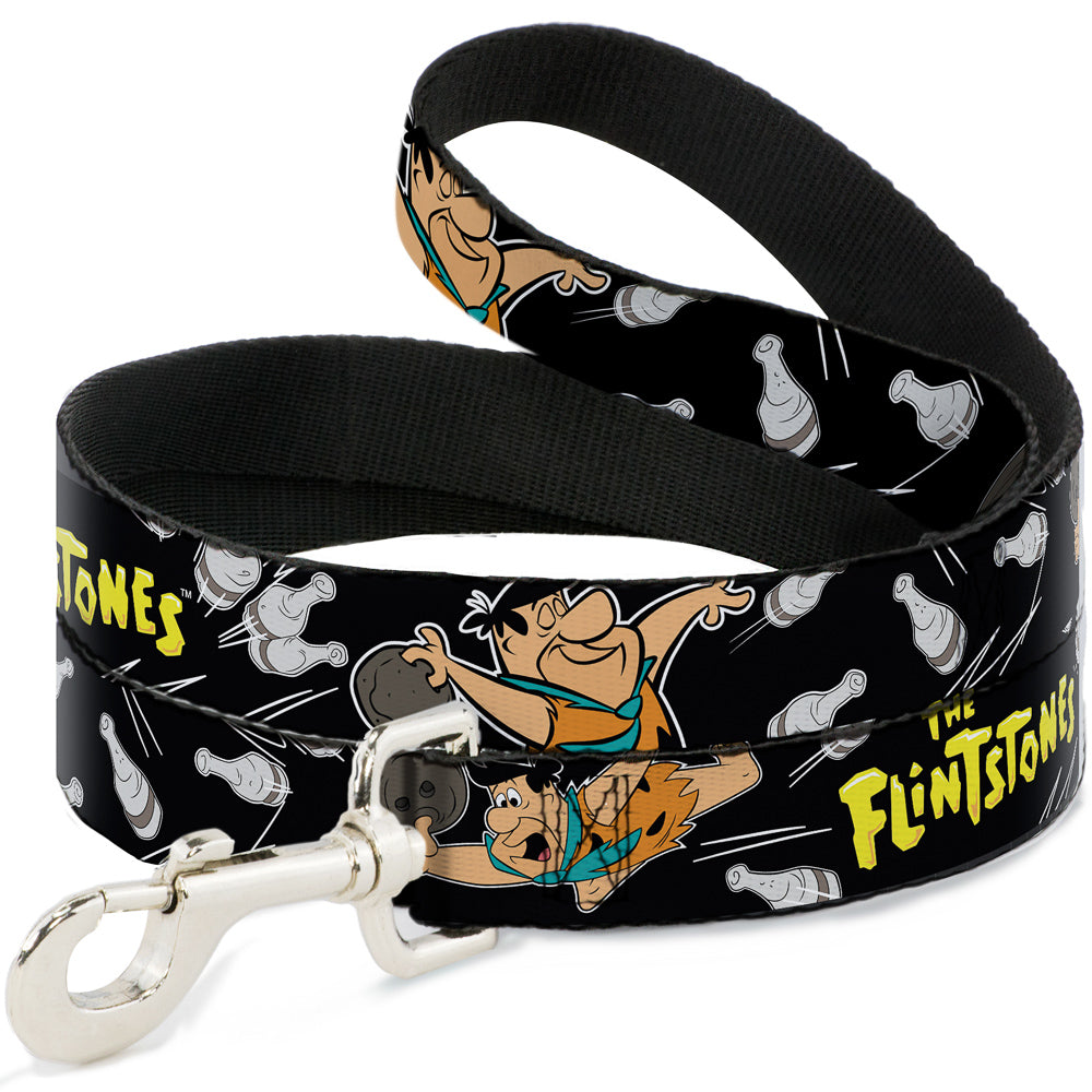 Dog Leash - THE FLINTSTONES Fred Bowling Poses/Bowling Pins Black Dog Leashes The Flintstones