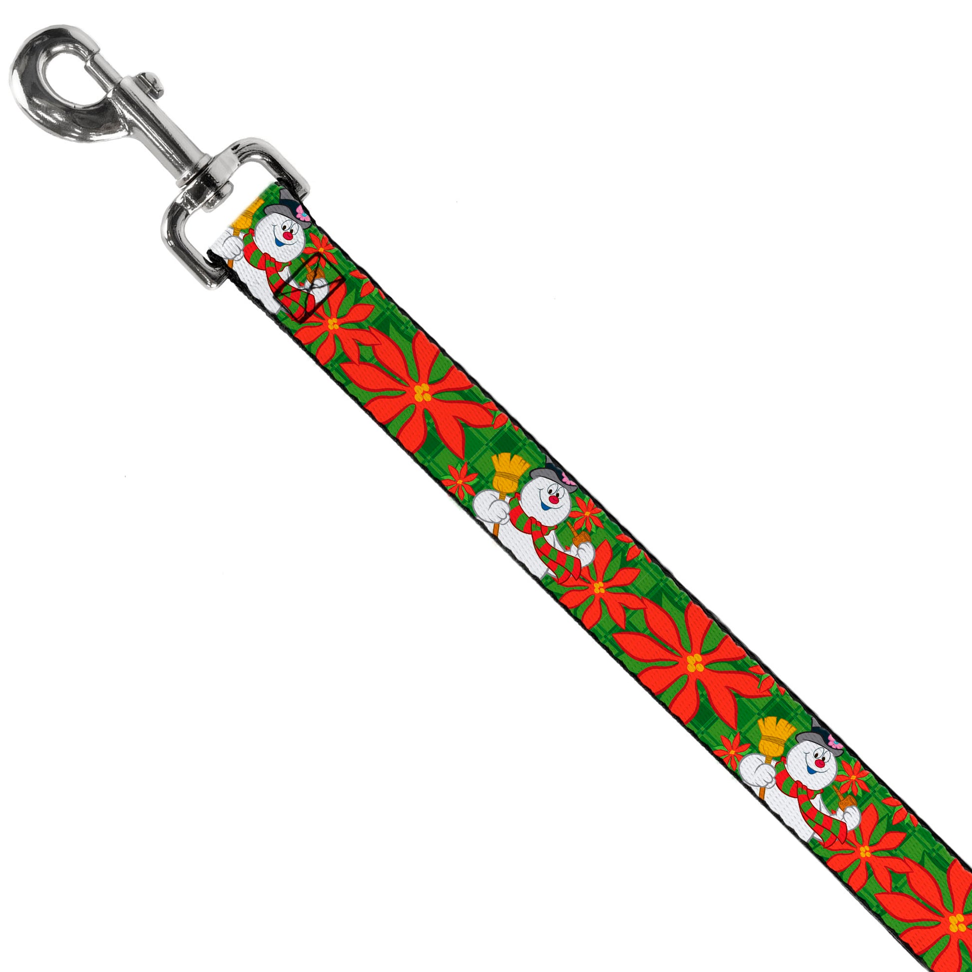 Dog Leash - Frosty the Snowman Pose Poinsetta Plaid Collage Greens/Reds Dog Leashes Frosty the Snowman
