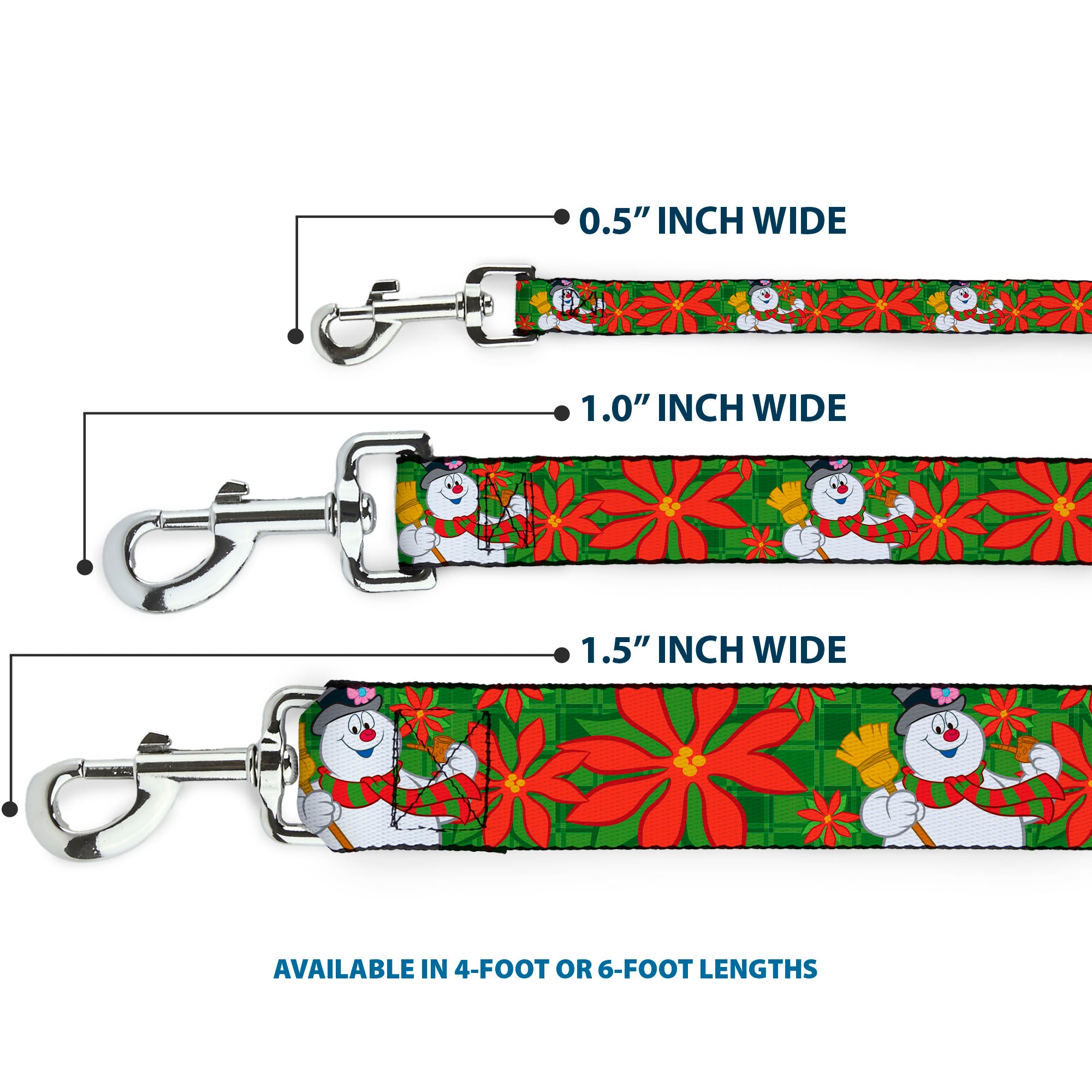 Dog Leash - Frosty the Snowman Pose Poinsetta Plaid Collage Greens/Reds Dog Leashes Frosty the Snowman