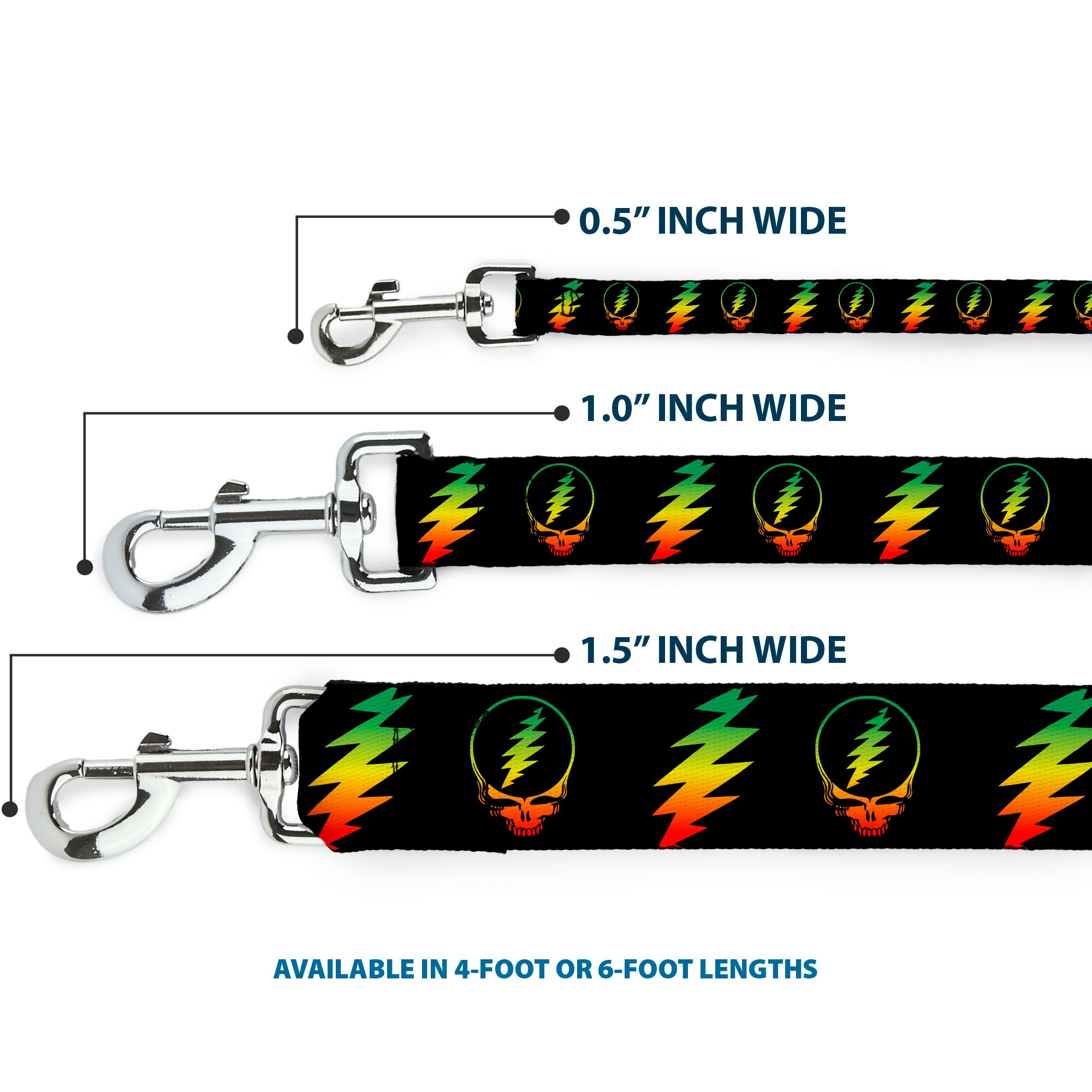 Dog Leash - Steal Your Face w/Lightning Bolt Repeat Black/Rasta Dog Leashes Grateful Dead