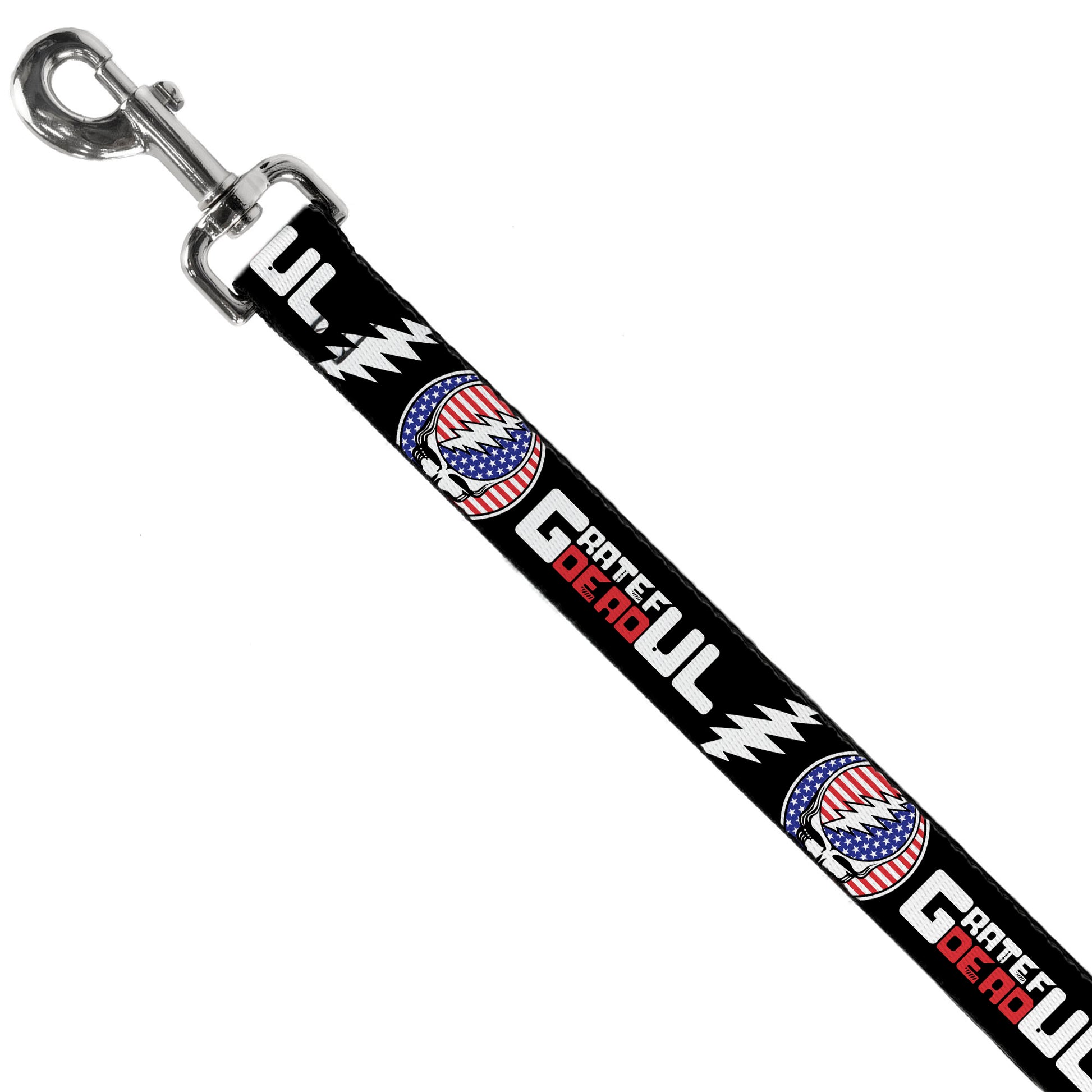 Dog Leash - GRATEFUL DEAD Text with Steal Your Face Stars and Stripes Logo Black/White/Red/Blue Dog Leashes Grateful Dead