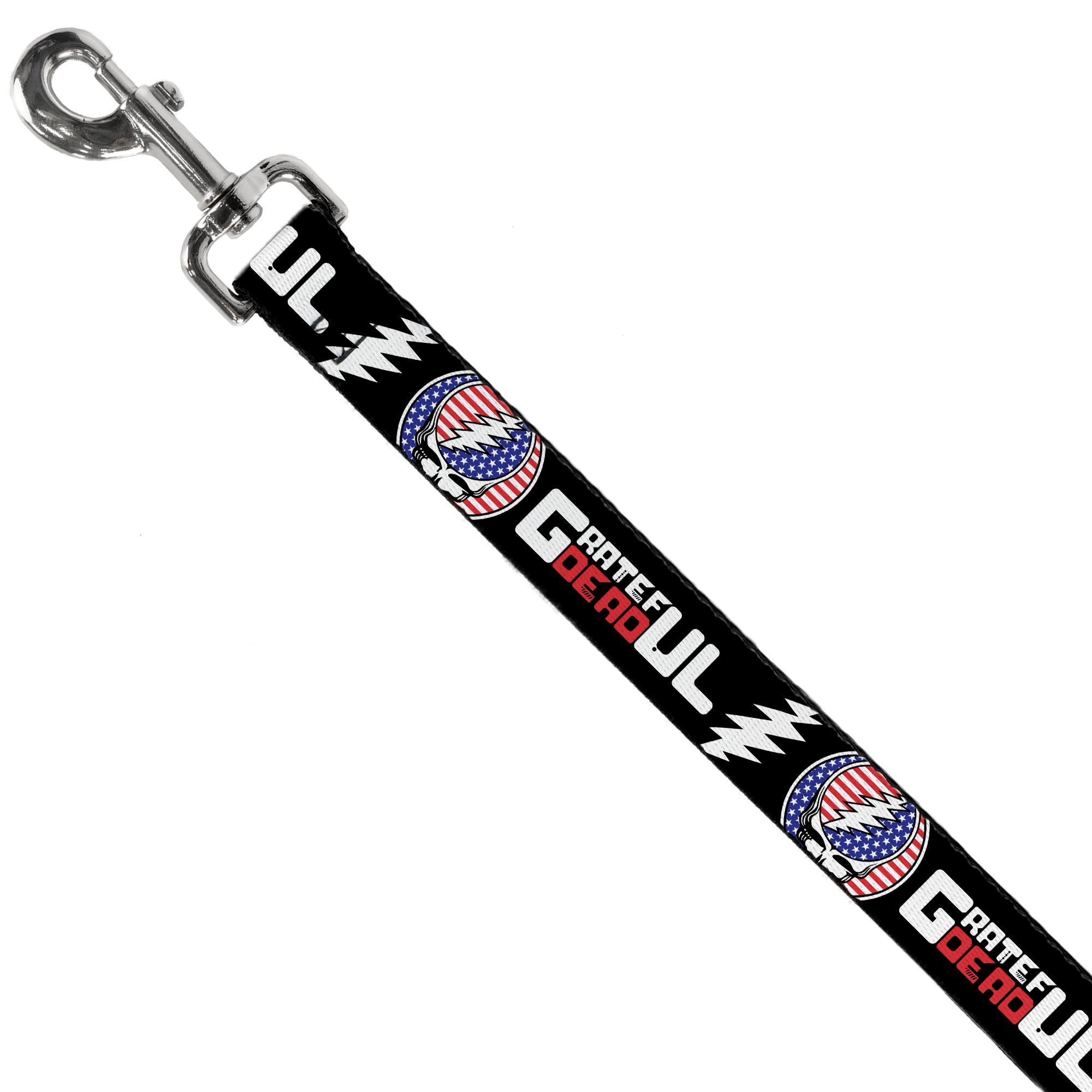 Dog Leash - GRATEFUL DEAD Text with Steal Your Face Stars and Stripes Logo Black/White/Red/Blue Dog Leashes Grateful Dead