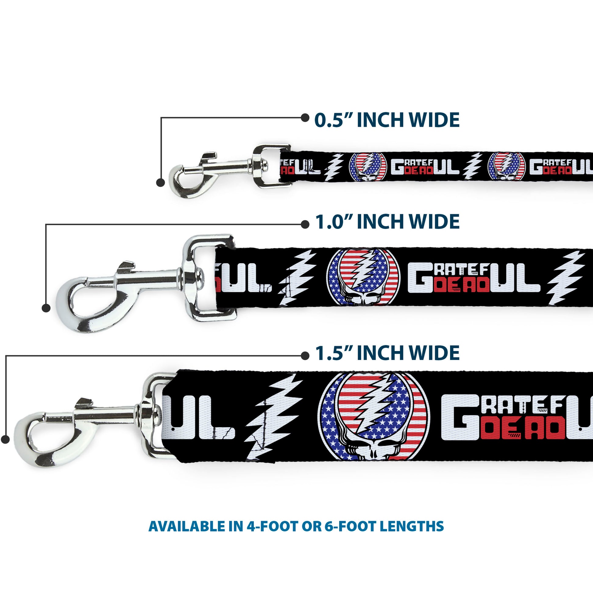 Dog Leash - GRATEFUL DEAD Text with Steal Your Face Stars and Stripes Logo Black/White/Red/Blue Dog Leashes Grateful Dead