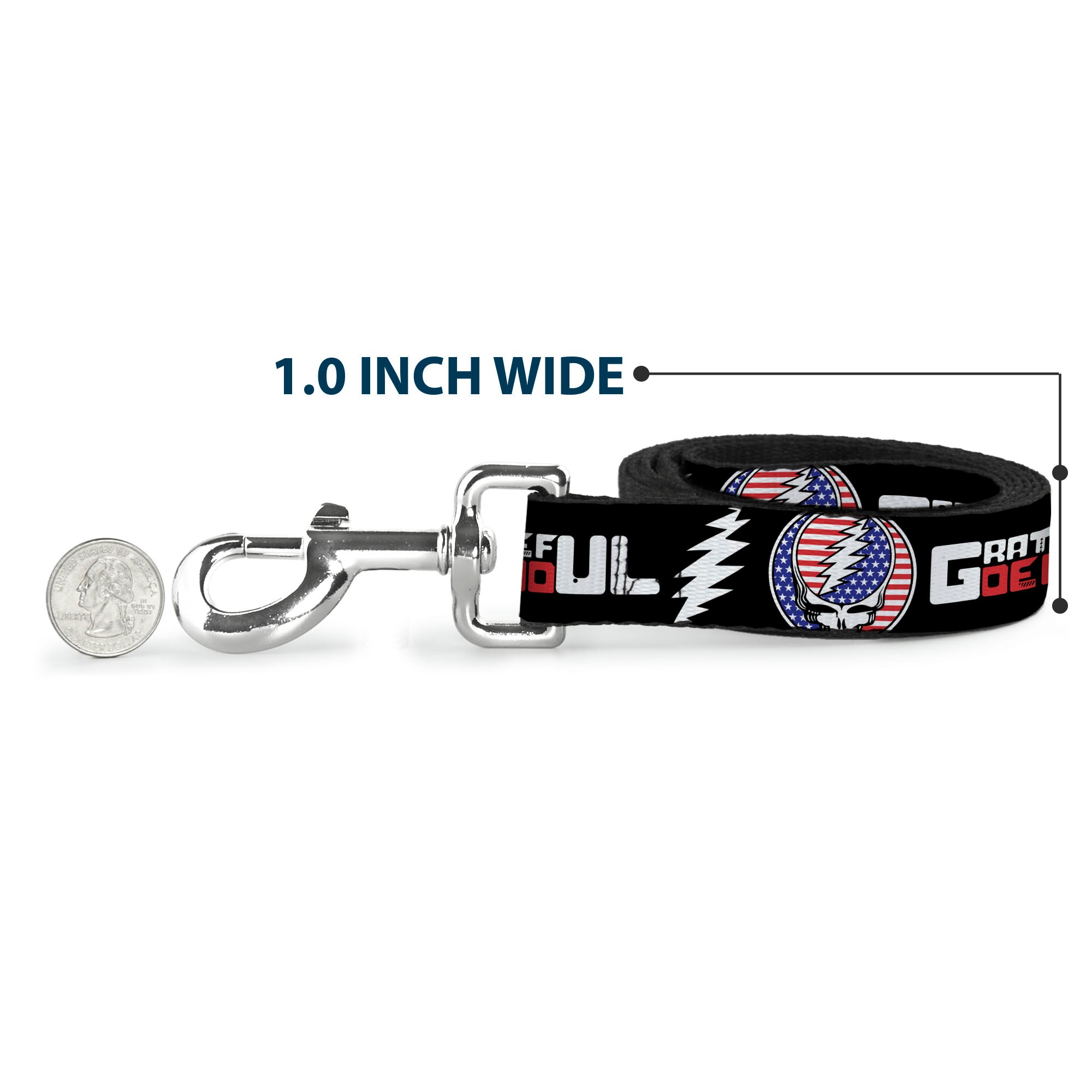 Dog Leash - GRATEFUL DEAD Text with Steal Your Face Stars and Stripes Logo Black/White/Red/Blue Dog Leashes Grateful Dead