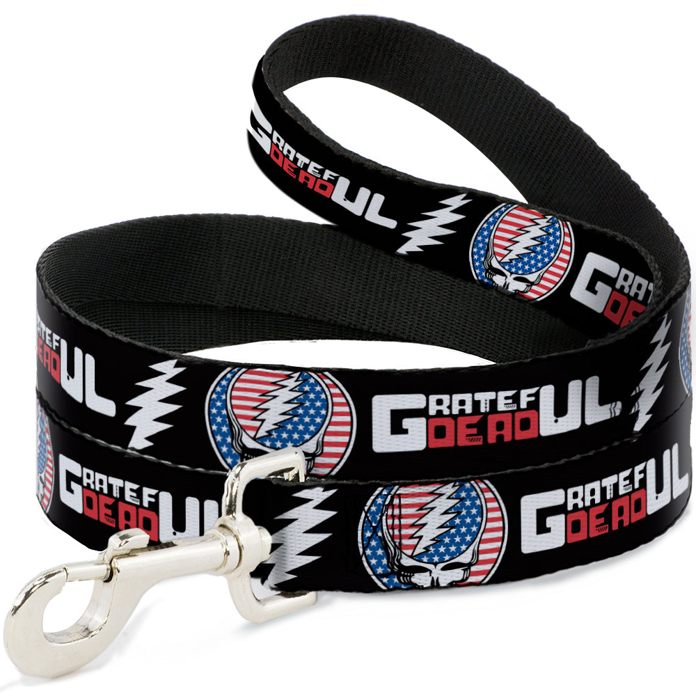Dog Leash - GRATEFUL DEAD Text with Steal Your Face Stars and Stripes Logo Black/White/Red/Blue Dog Leashes Grateful Dead