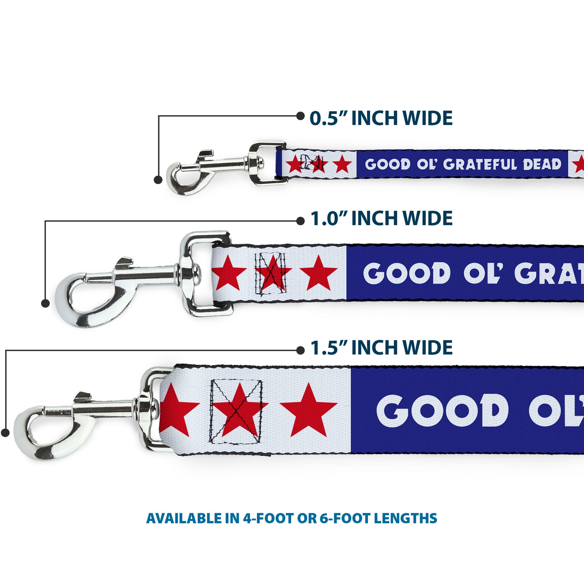 Dog Leash - GOOD OL' GRATEFUL DEAD Text and Stars Blue/White/Red Dog Leashes Grateful Dead