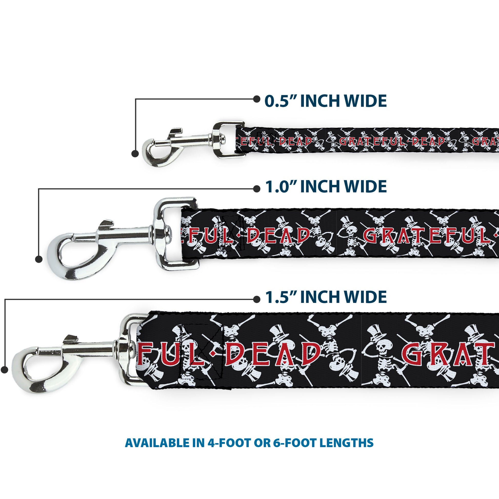 Dog Leash - GRATEFUL DEAD Dancing Skeletons and Text Black/White/Red Dog Leashes Grateful Dead