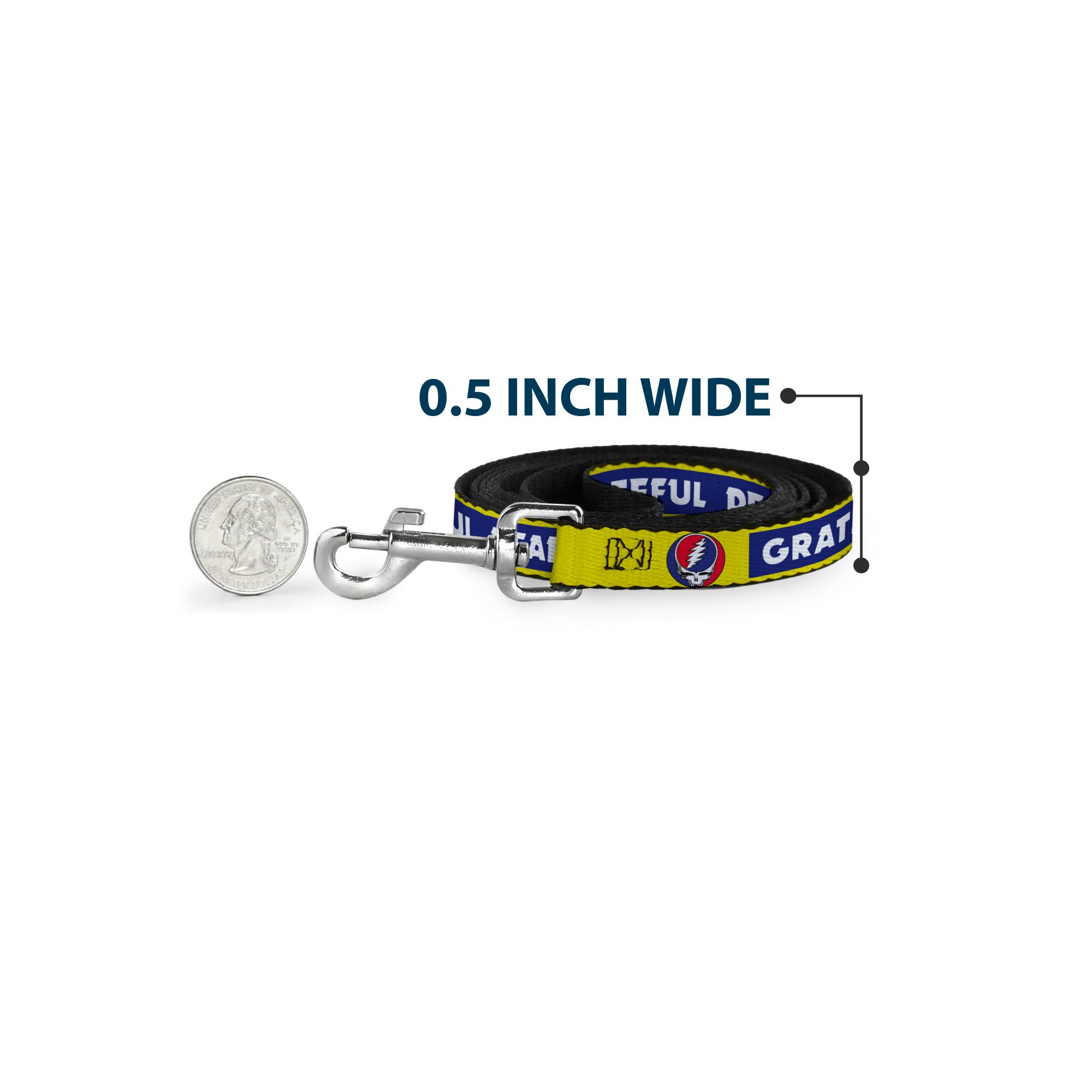 Dog Leash - GRATEFUL DEAD Text Box and Steal Your Face Logo Yellow/Blue/White Dog Leashes Grateful Dead