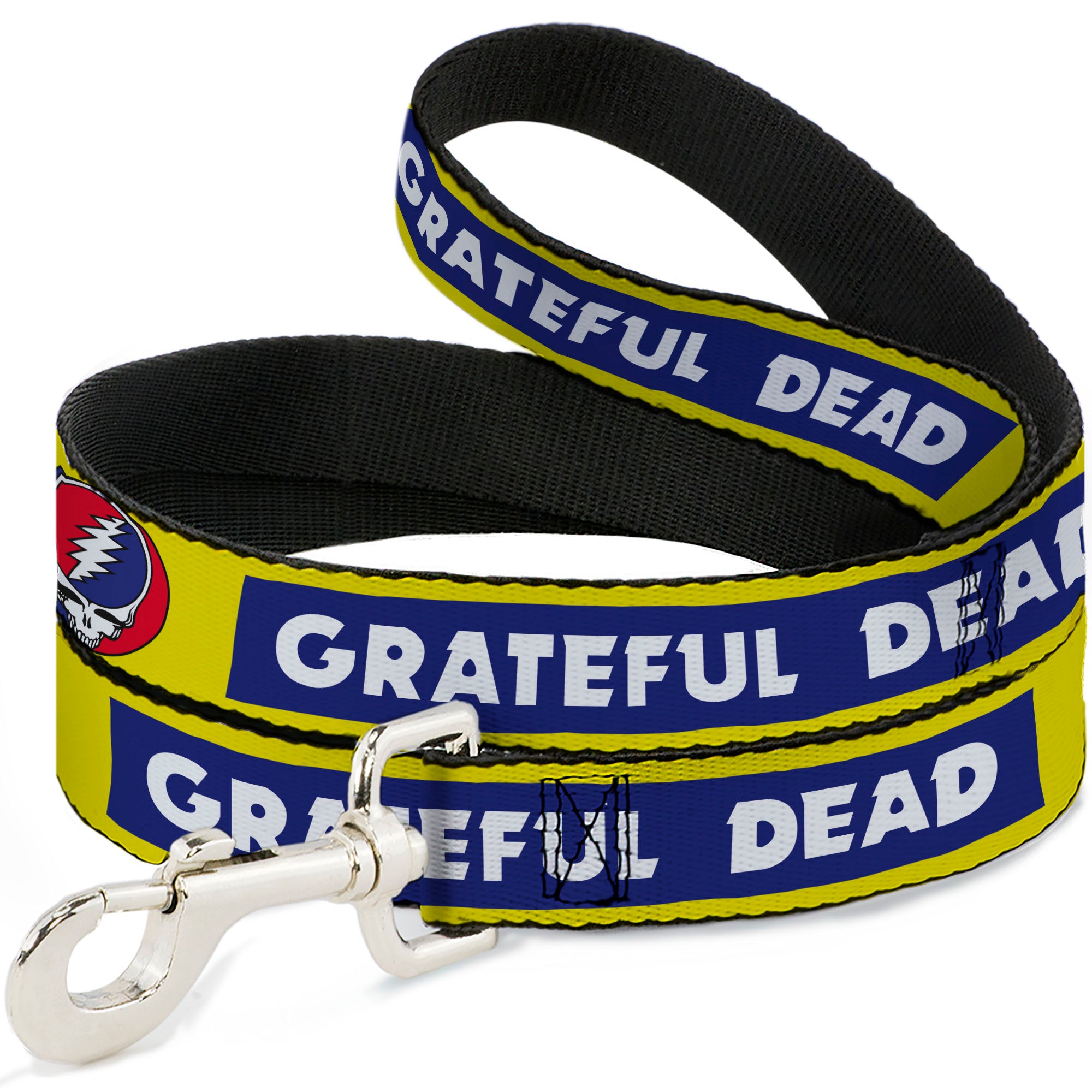 Dog Leash - GRATEFUL DEAD Text Box and Steal Your Face Logo Yellow/Blue/White Dog Leashes Grateful Dead