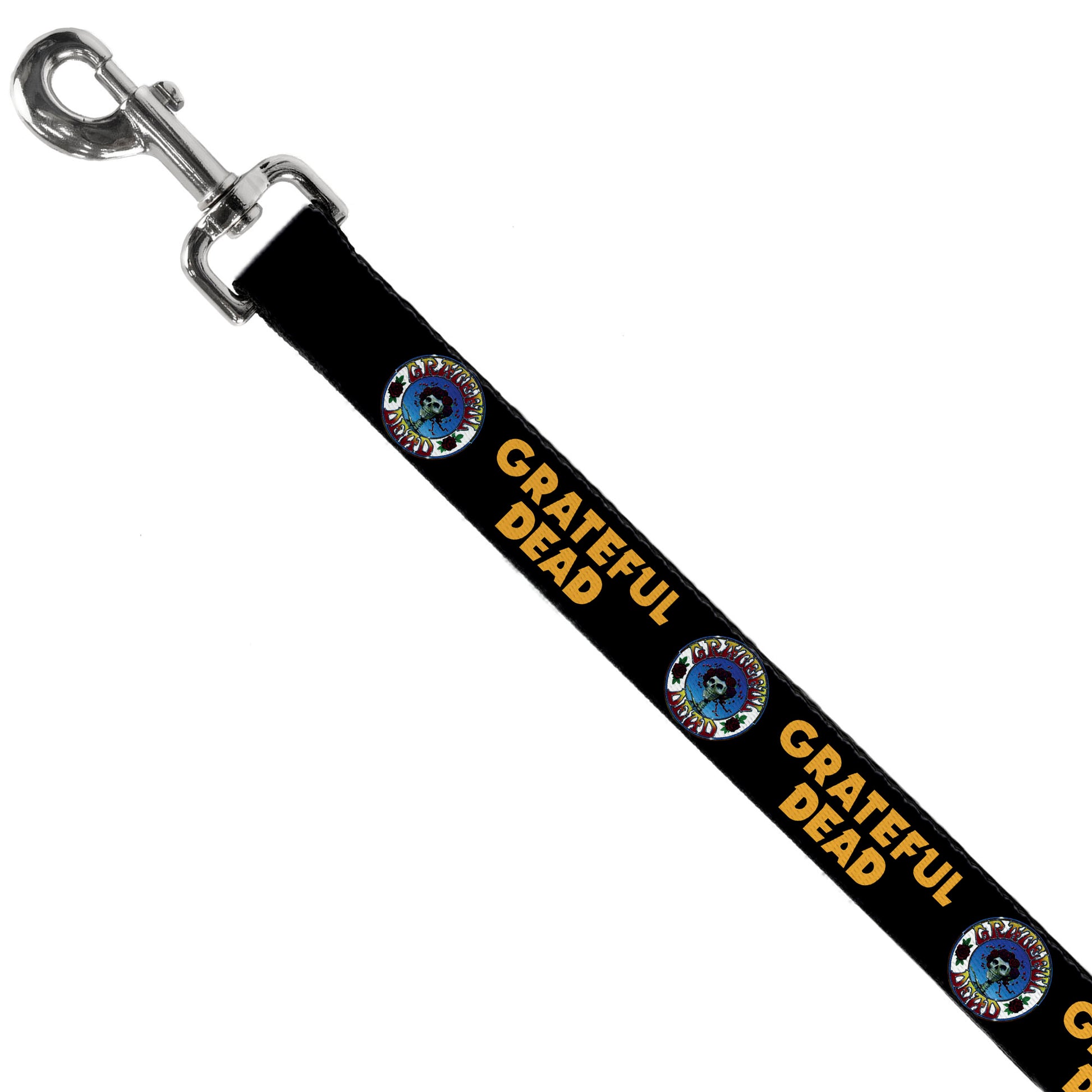Dog Leash - GRATEFUL DEAD Text and Skull and Roses Round Logo Black/Yellow Dog Leashes Grateful Dead