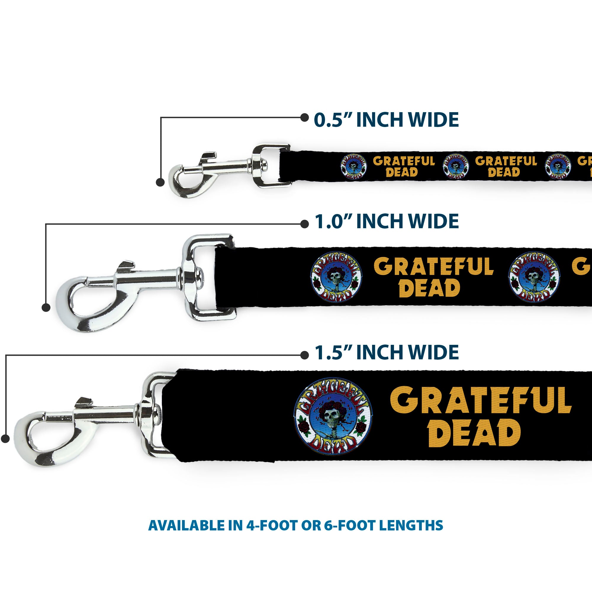 Dog Leash - GRATEFUL DEAD Text and Skull and Roses Round Logo Black/Yellow Dog Leashes Grateful Dead