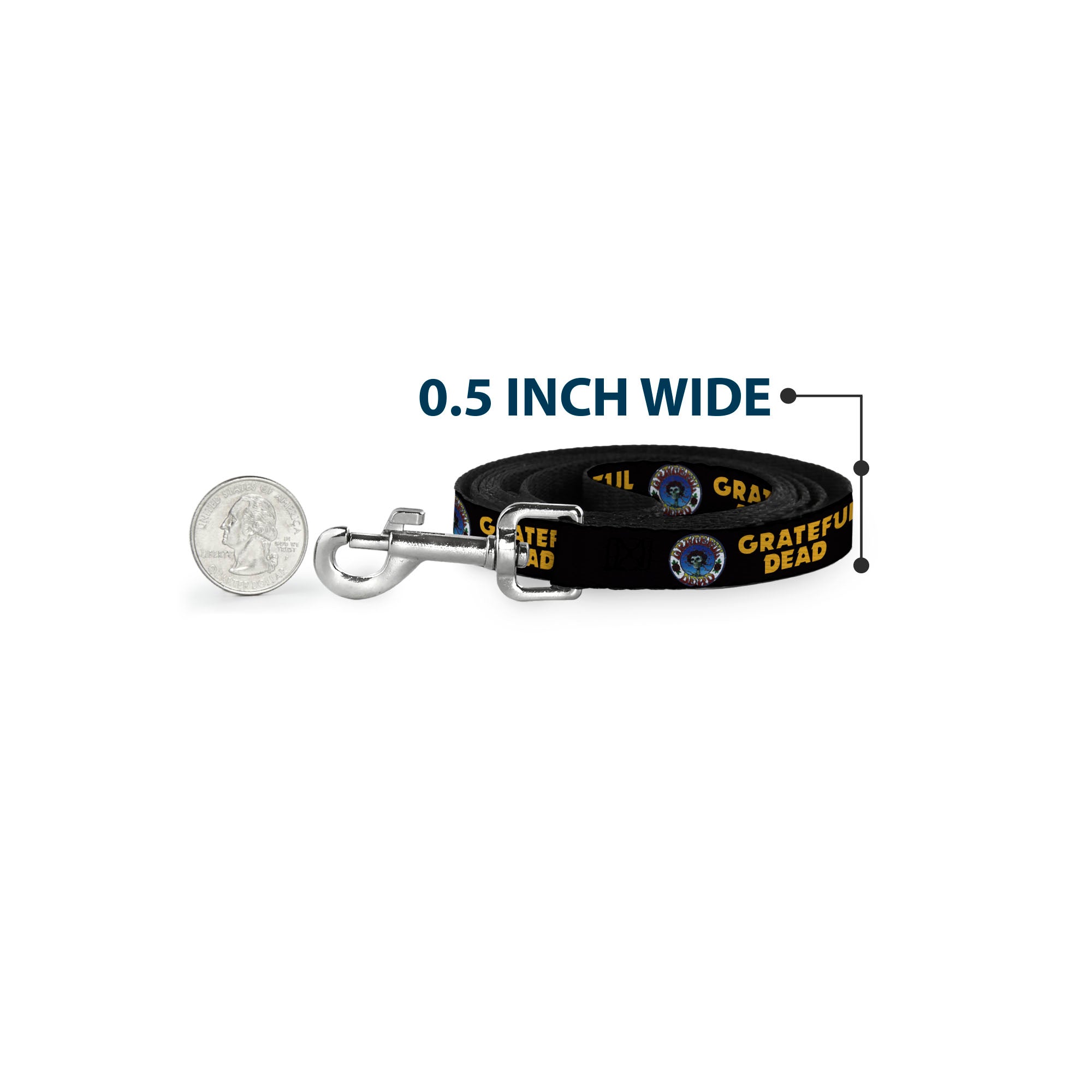 Dog Leash - GRATEFUL DEAD Text and Skull and Roses Round Logo Black/Yellow Dog Leashes Grateful Dead