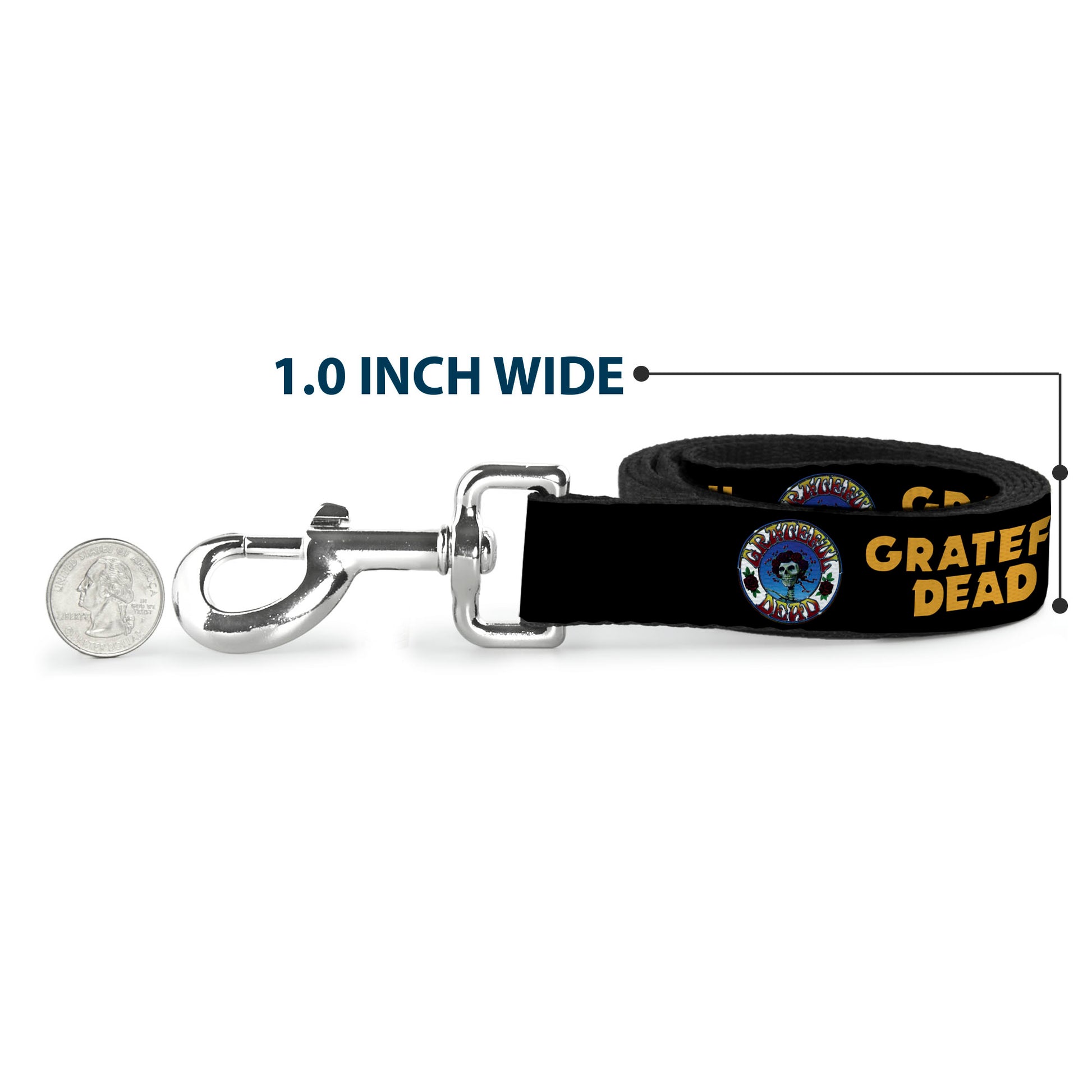 Dog Leash - GRATEFUL DEAD Text and Skull and Roses Round Logo Black/Yellow Dog Leashes Grateful Dead