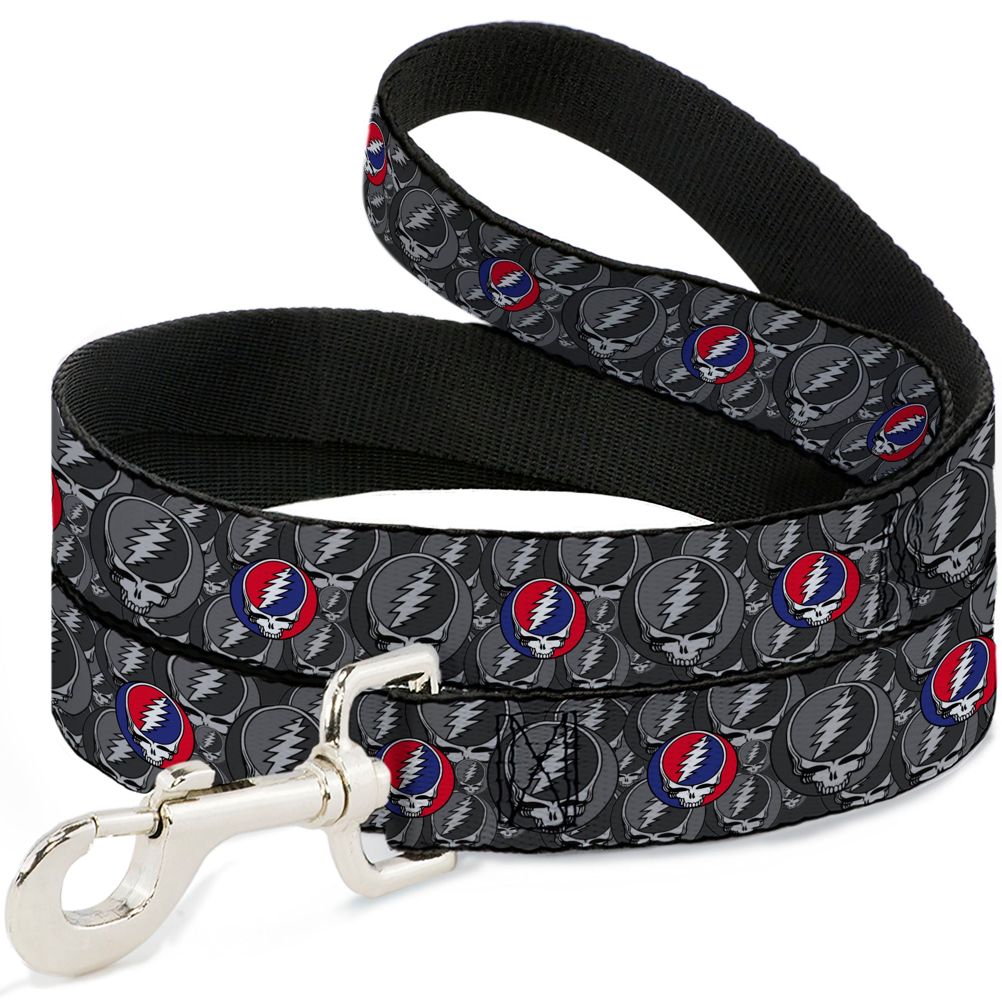 Dog Leash - GRATEFUL DEAD Text and Skull and Roses Round Logo Black/Yellow Dog Leashes Grateful Dead