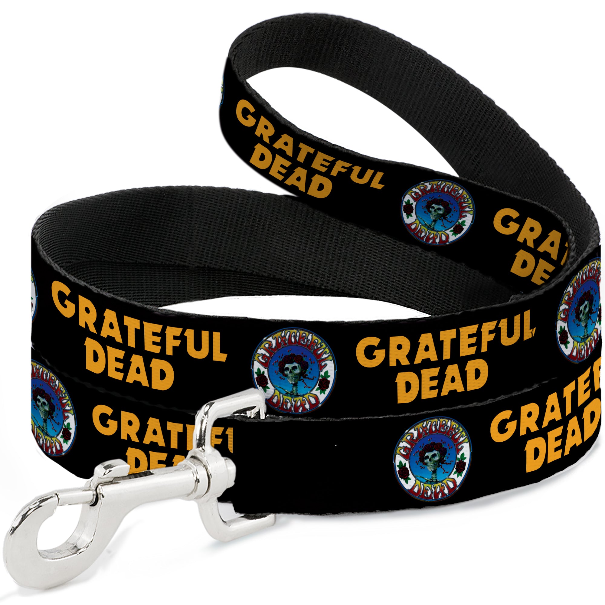Dog Leash - GRATEFUL DEAD Text and Skull and Roses Round Logo Black/Yellow Dog Leashes Grateful Dead