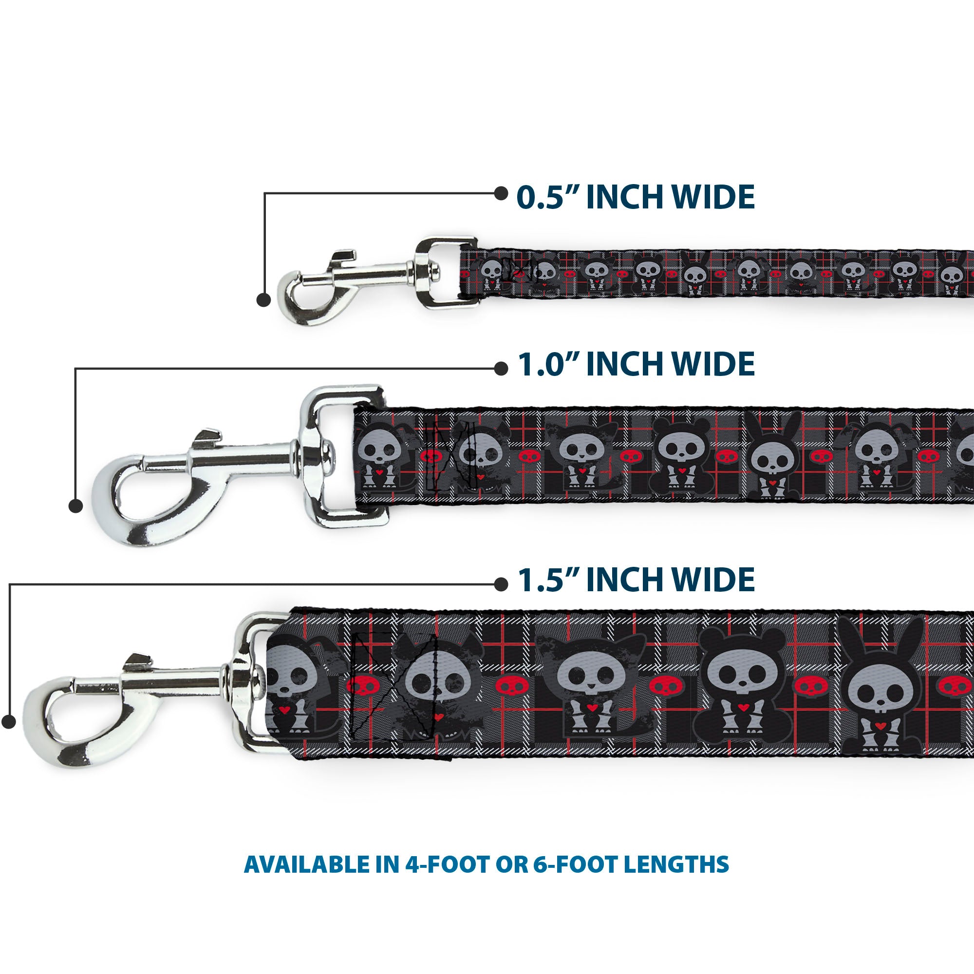 Dog Leash - Skelanimals Five Animals and Face Logo Plaid Black/Red/White