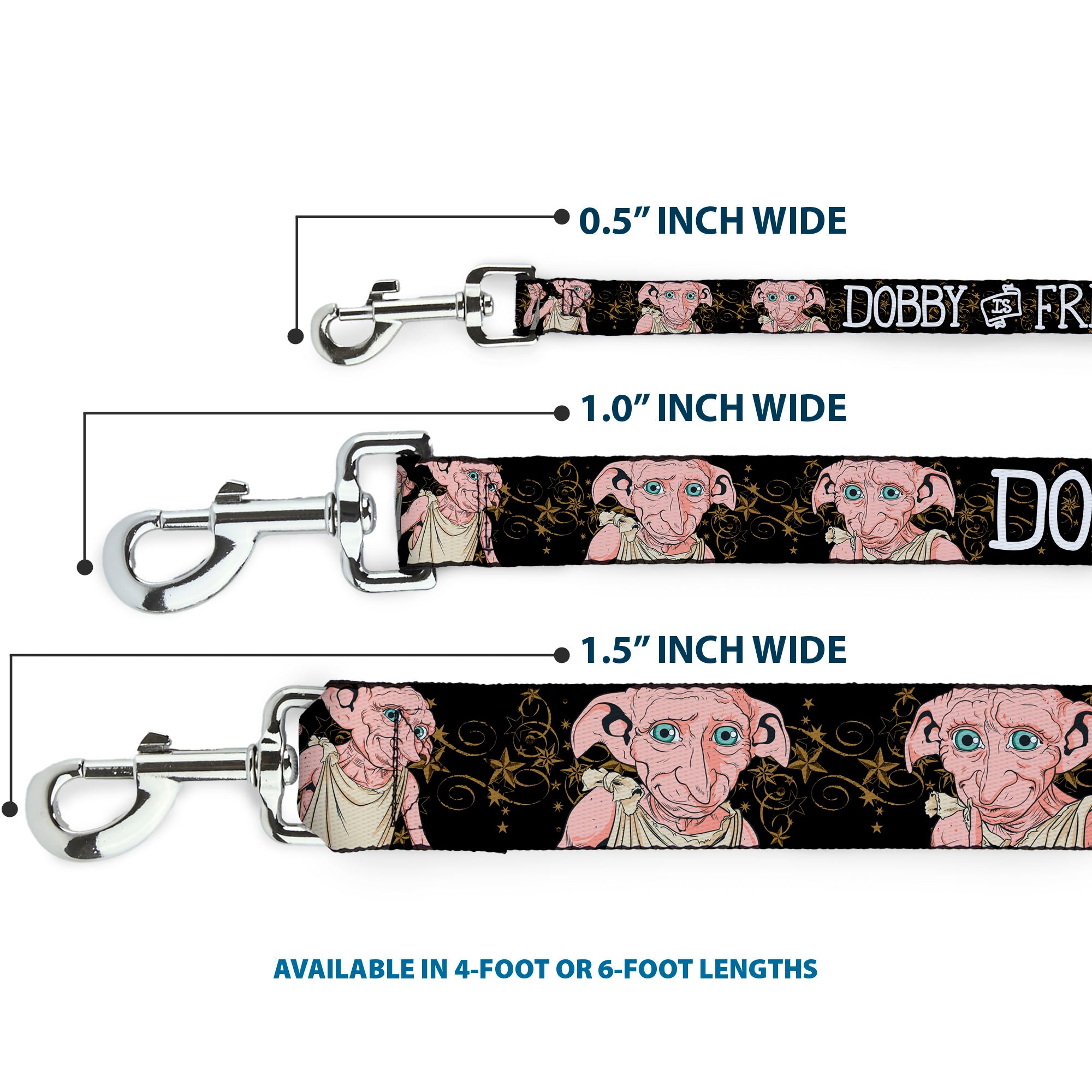 Dog Leash - DOBBY IS FREE/3-Dobby Poses Star Swirls Black/Gold/White Dog Leashes Harry Potter