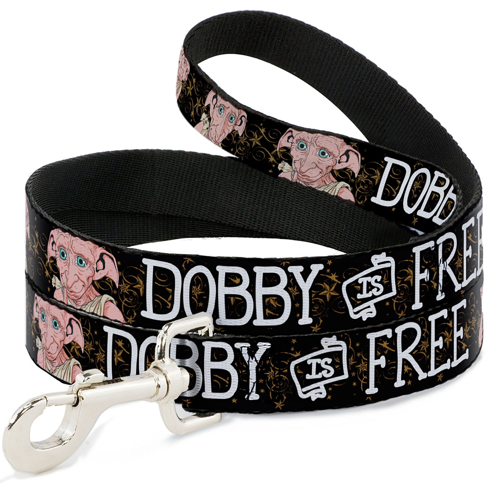 Dog Leash - DOBBY IS FREE/3-Dobby Poses Star Swirls Black/Gold/White Dog Leashes Harry Potter