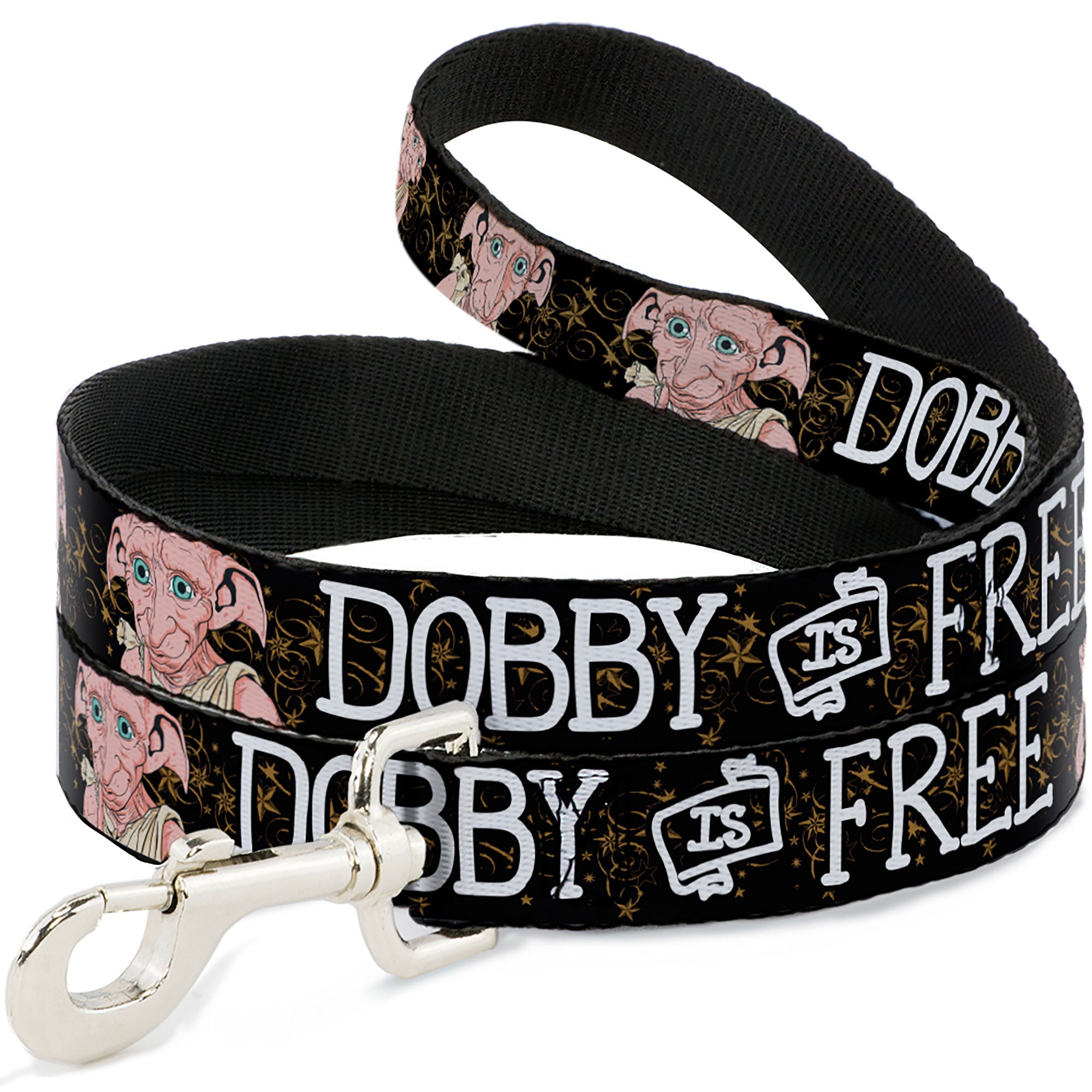 Dog Leash - DOBBY IS FREE/3-Dobby Poses Star Swirls Black/Gold/White Dog Leashes Harry Potter